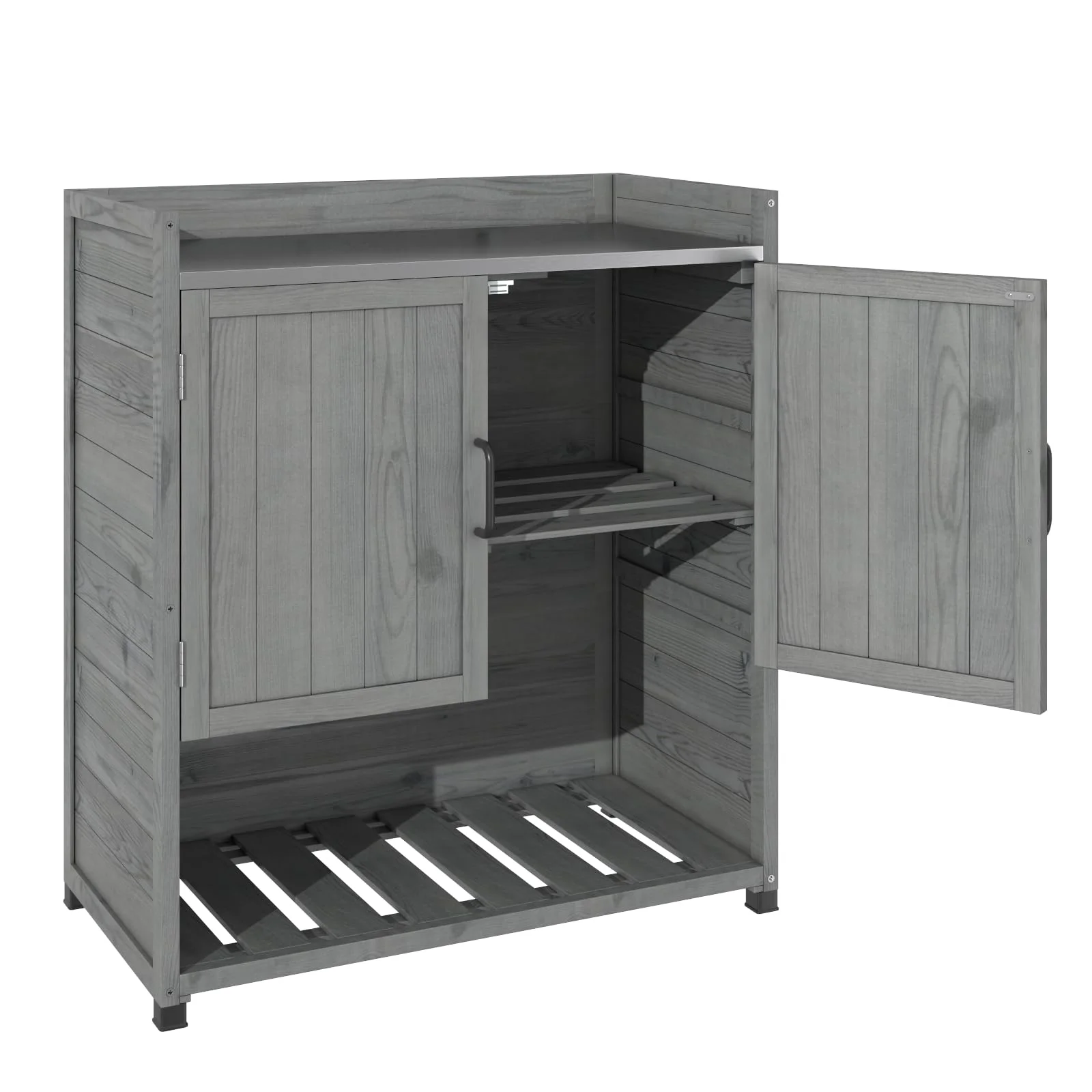 YODOLLA Potting Bench, Wooden Outdoor Storage Cabinet with Adjustable Shelf, Patio Storage with Metal Tabletop, Potting Table for Garden, Patio and Lawns, Gray - Image 4