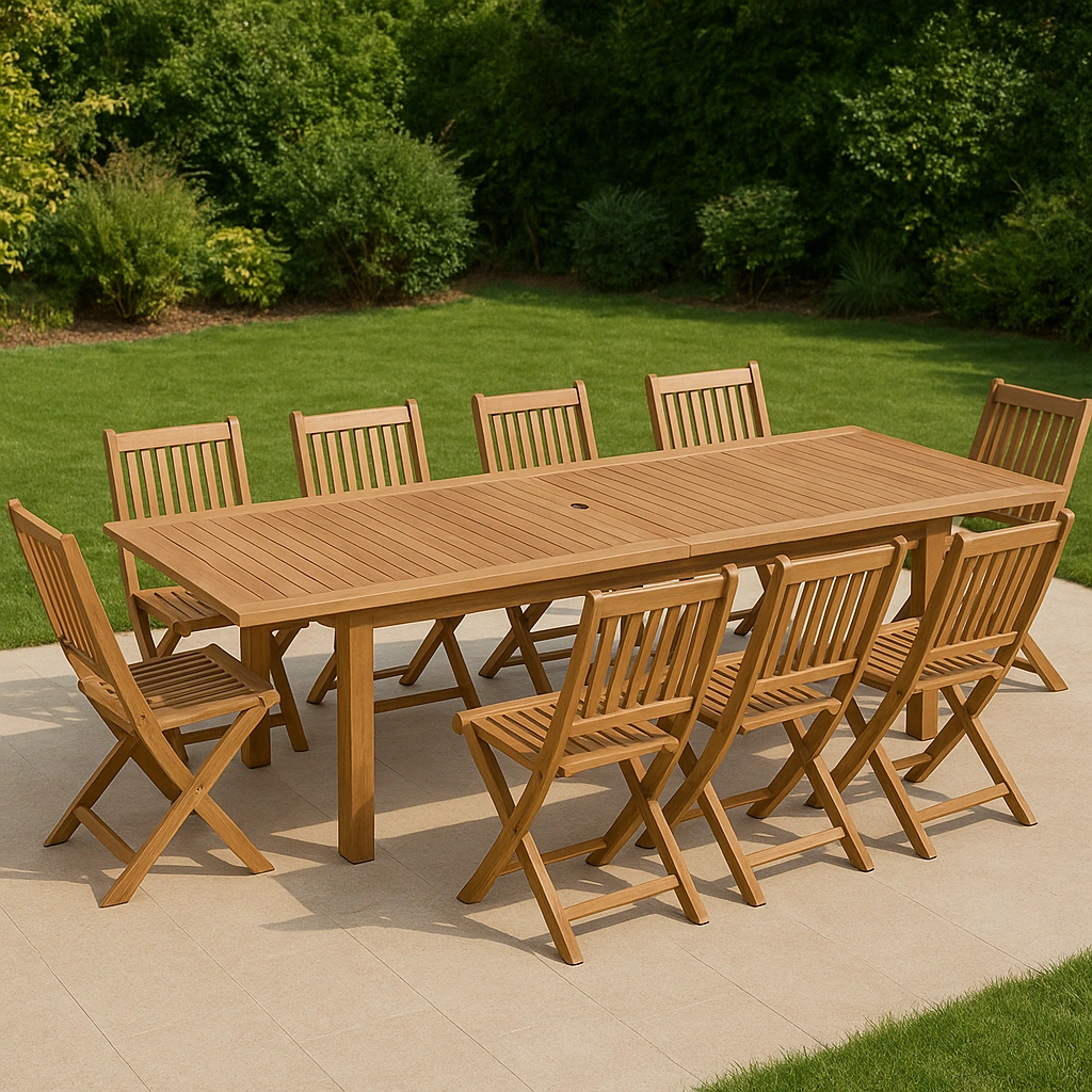 Conjunto de comedor exterior marrón claro de madera maciza para jardín o terraza