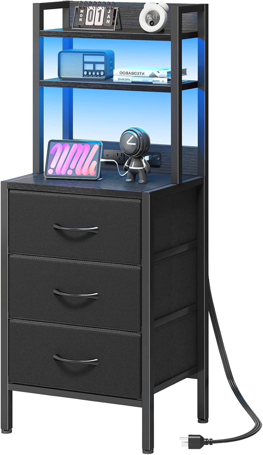 41 Inch Tall Nightstand with Charging Station, 3 Fabric Drawers, LED Lights & Open Shelves, Black - Image 6 41 Inch Tall Nightstand with Charging Station, 3 Fabric Drawers, LED Lights & Open Shelves, Black - Image 6