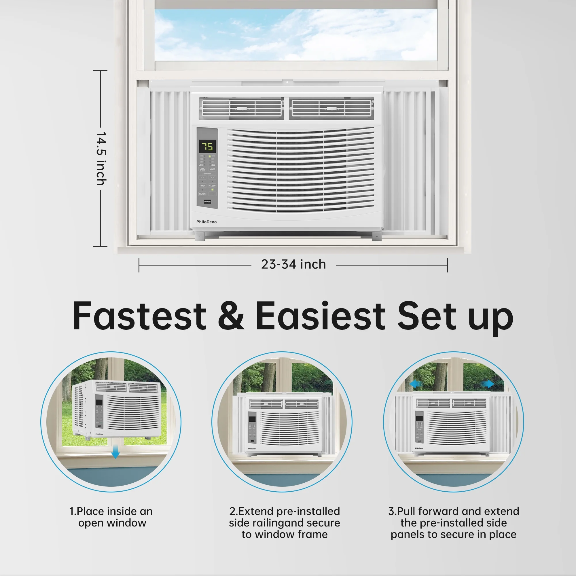 Philodeco 6000 BTU Window Air Conditioner Cool to 250 Sq Ft Intelligent, LED, Remote Control, Easy to Clean Filter
