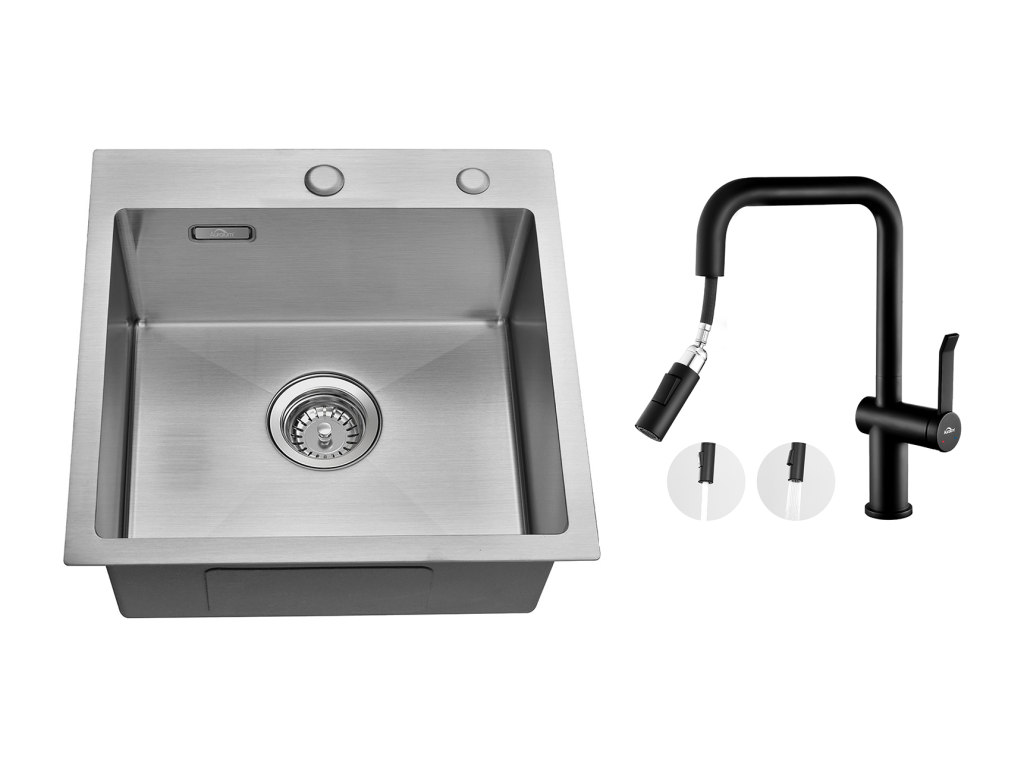 Fregadero Cocina 1 Contenedor 45x45CM Acero Inoxidable 304+Grifo de Cocina con Ducha Extraíble Rotativa 360 °2 Funciones, Barbón Desmontable, Negro