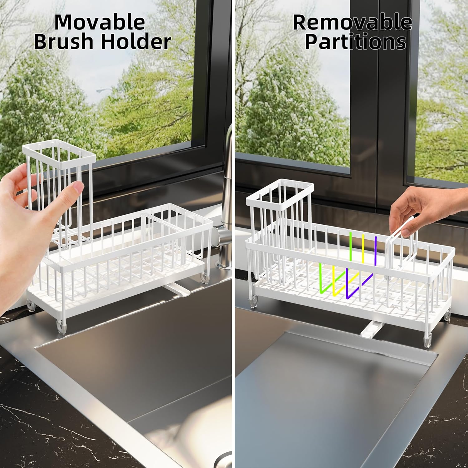 Moforoco Extra Large Kitchen Sink Caddy, Rustproof Sponge Holder with High Brush Holder, Stainless Steel White Kitchen Caddy Sink Countertop Organizer, Sponge Caddy for Kitchen Sink