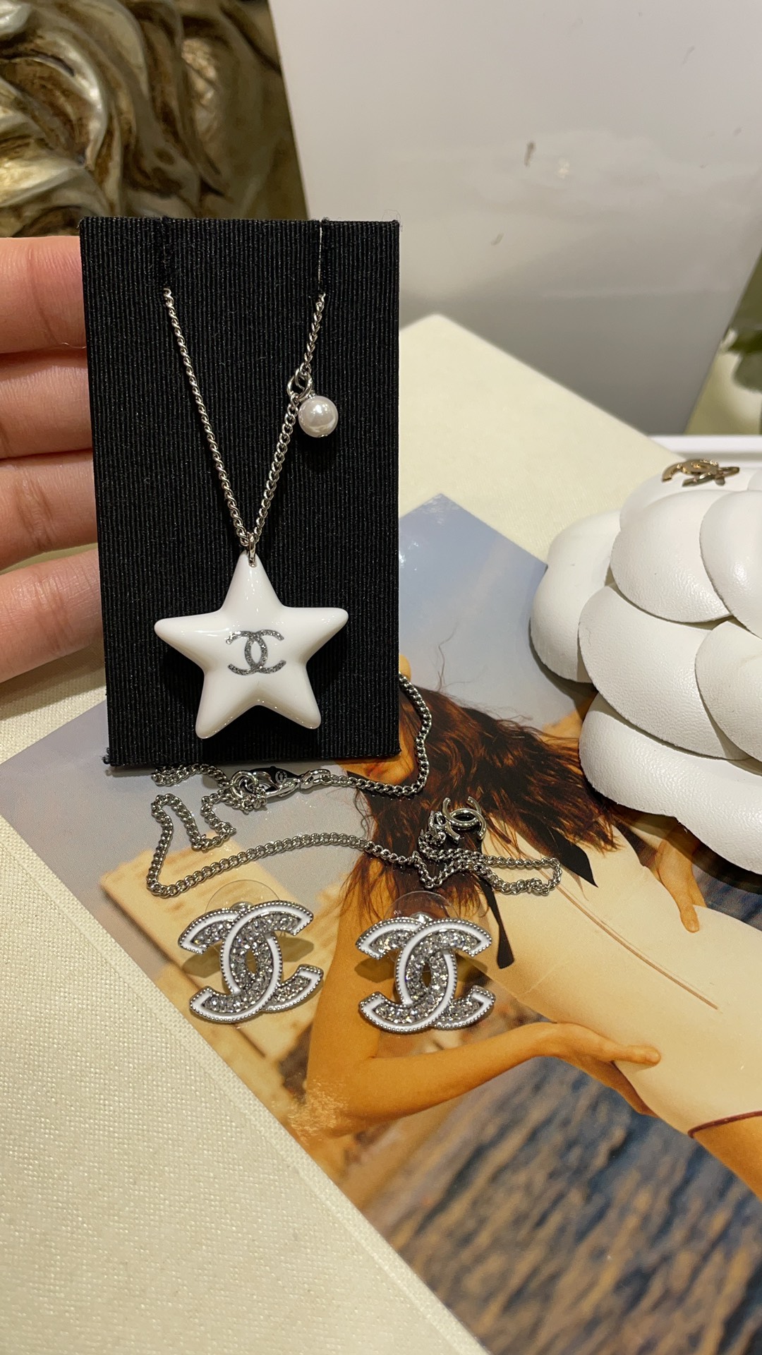 Chanel Silver Shiny Star Necklace and Earrings - Original Replica Club