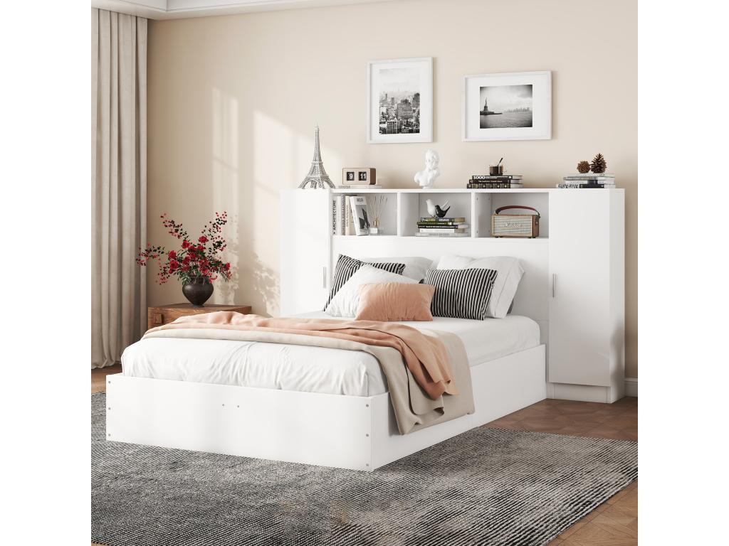 Cama doble de madera 140 x 200 cm - cabecero con 2 puertas y 3 nichos de almacenamiento - Madera MDF - Somier de láminas - Blanco