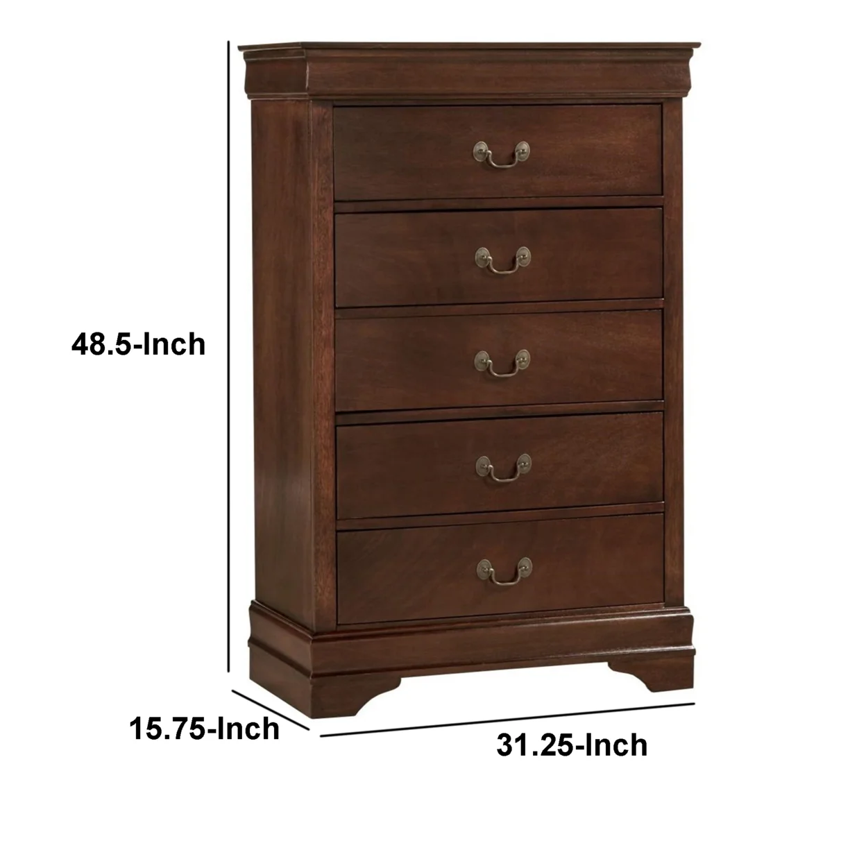 5 Drawer Wooden Chest With Metal Hardware, Cherry Brown- Saltoro Sherpi - Image 5