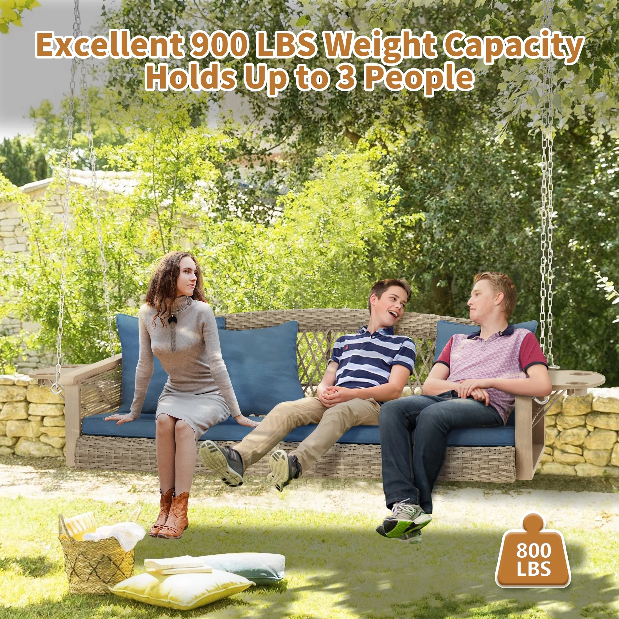 Homrest 3-Person Porch Swing 55in Wicker Hanging Swing Bench with Cushions and Cupholders for Deck, Garden and Backyard, Beige - Image 47