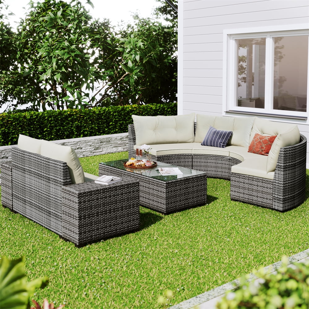 8 Pieces Outdoor Wicker Round Furniture Set, All Weather Half-Moon Sectional Patio Sofa Sets with Rectangular Coffee Table, Beige - Image 11