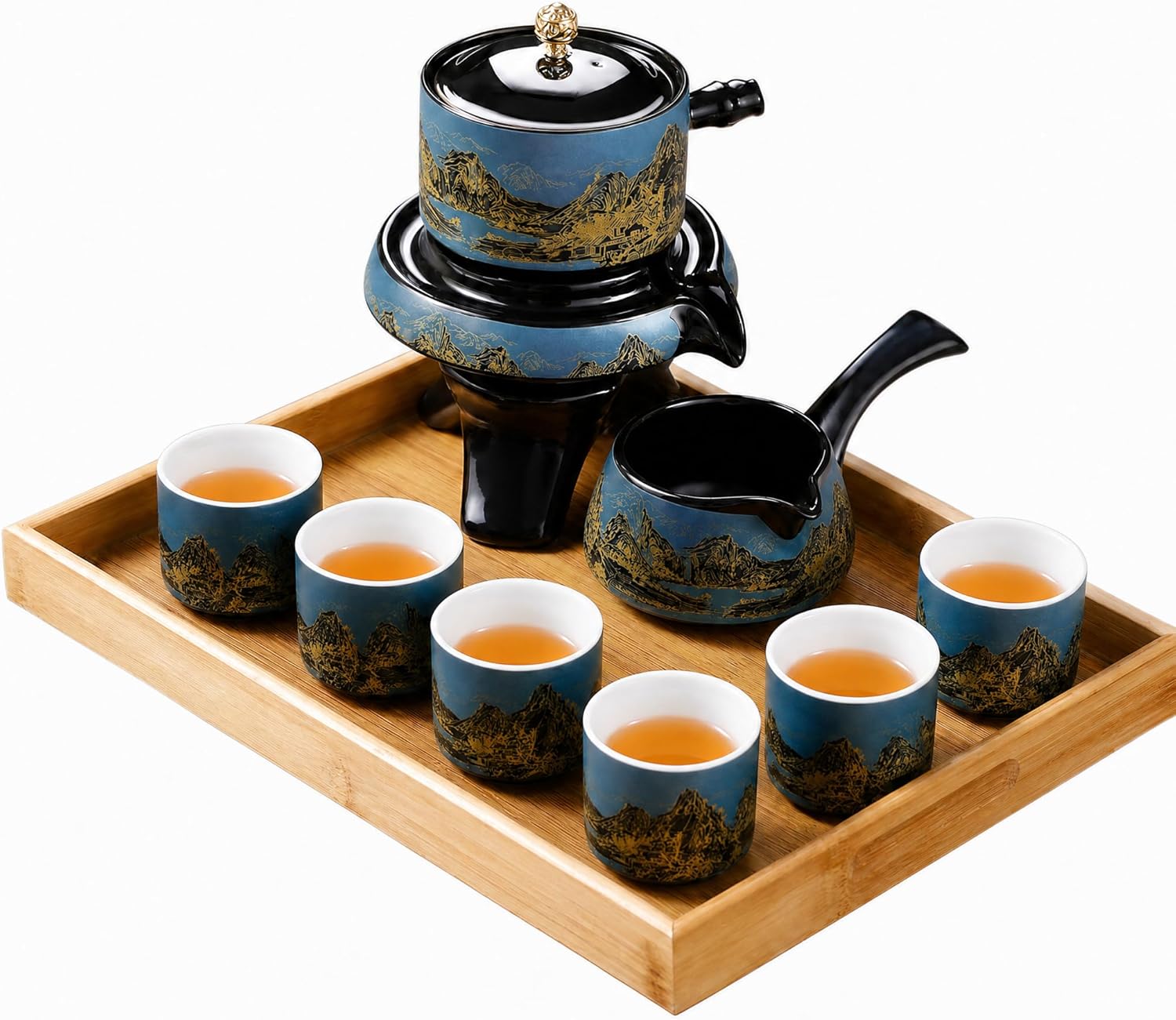 Traditional Japanese tea set, Kiln altered glaze Porcelain tea set with 1 Teapot, 6 Tea cups, 1 Tea Tray,Japanese teapot set, Asian tea sets (Kiln altered-Green)
