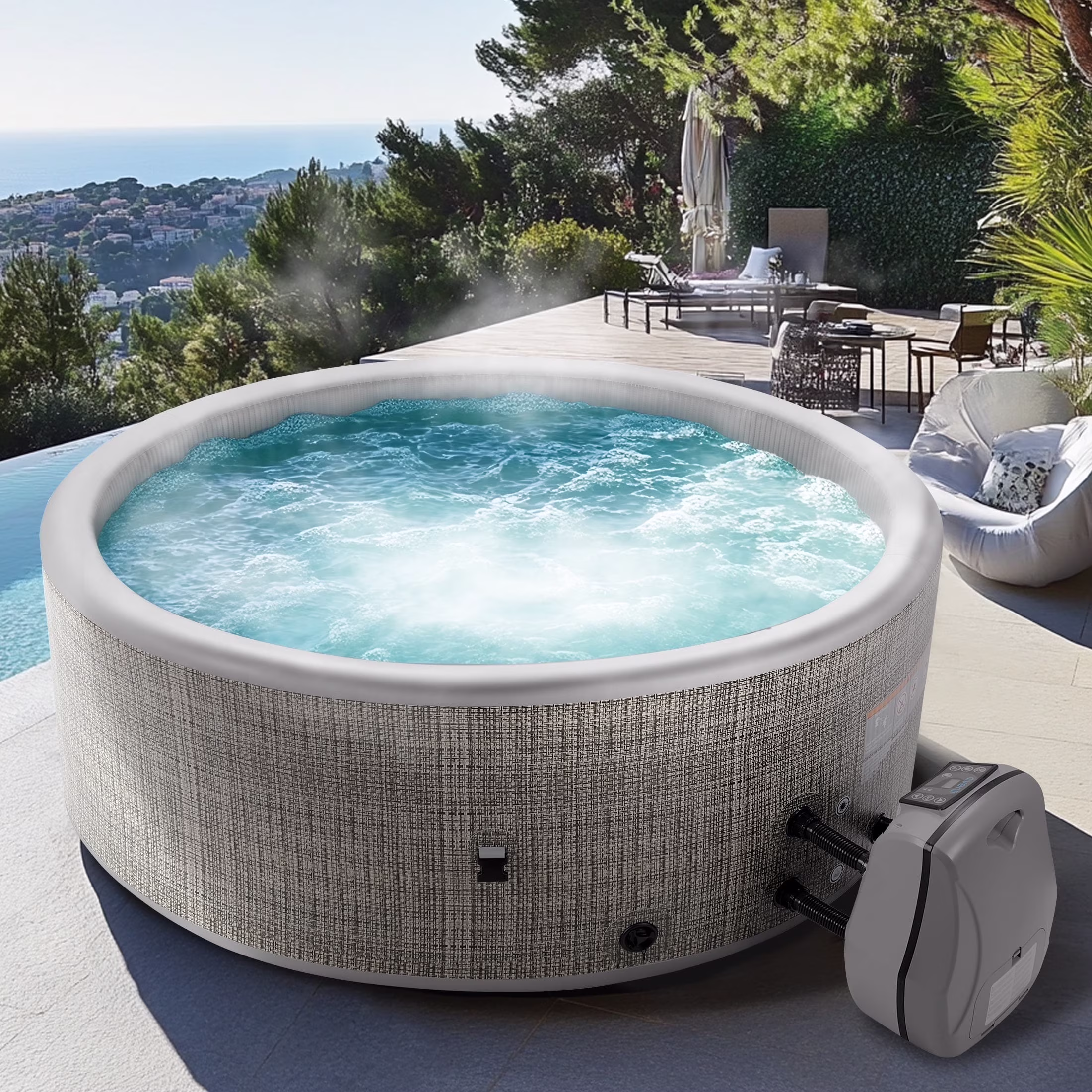 Round Hot Tub Surround Furniture, Spa Surround Outdoor Rattan Sectional Sofa Set with Mini Sofa, Solid Acacia Wood Hot Tub Storage Surround Patio Furniture Set, Gray Cushion - Image 7