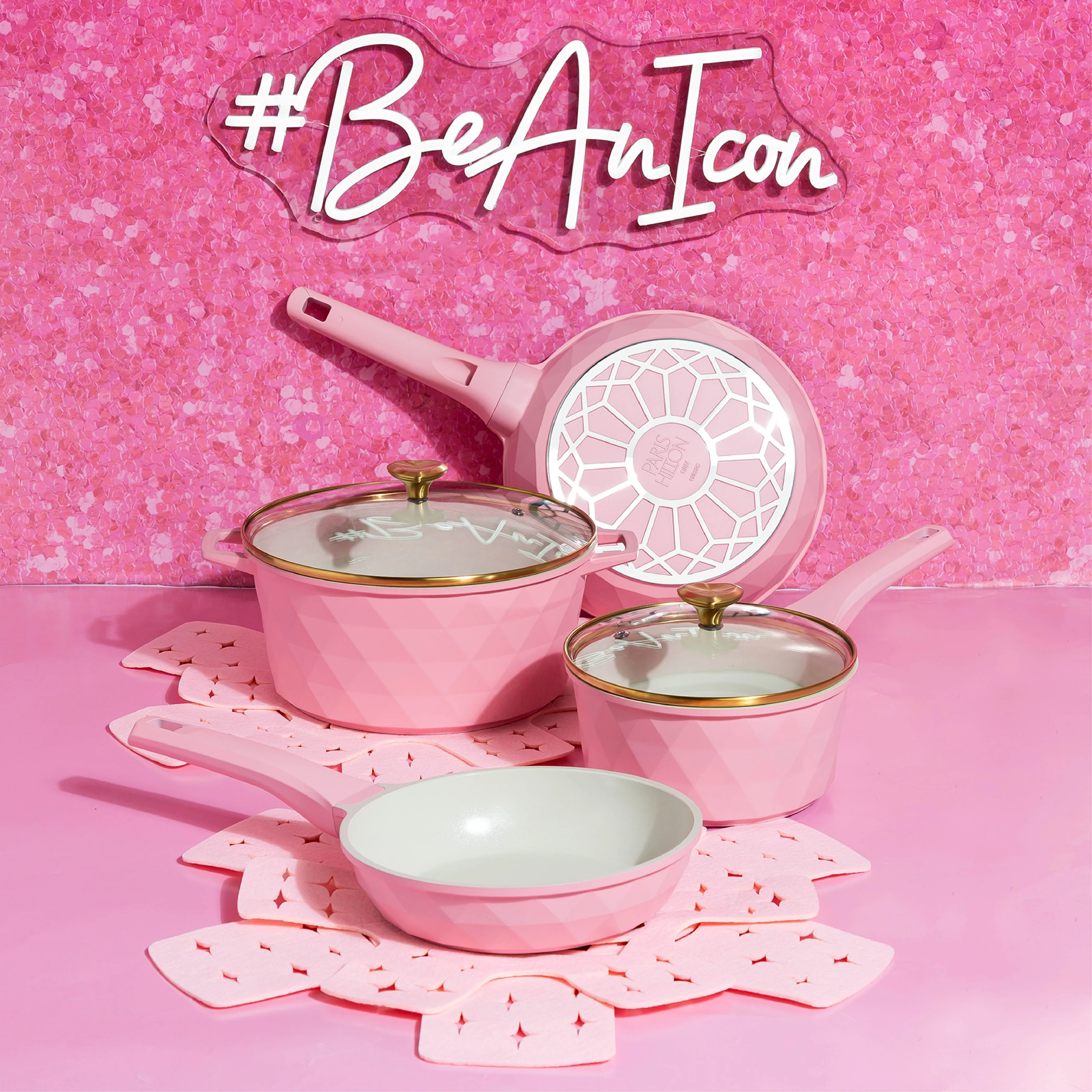 Paris Hilton 10-Piece Ceramic Nonstick Cast Aluminum Cookware Set, Clean Ceramic? Coating, Faceted Pink Design - Image 10
