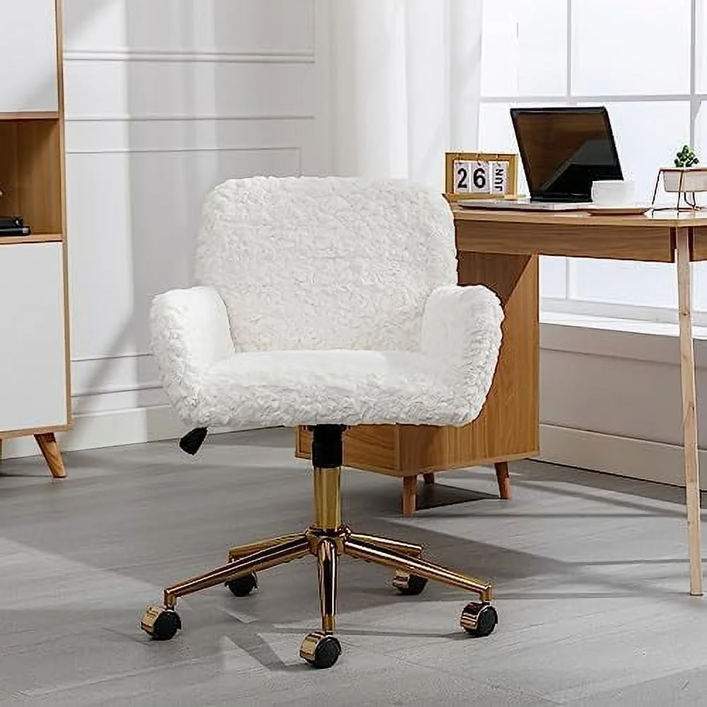 Fluffy Desk Chair,Height Adjustable Vanity Chair with Wheels,Comfortable Faux Fur Desk Chair with goldenn Base, Arm Chair for Bedroom,Living Room,Vanity,Office - Image 3