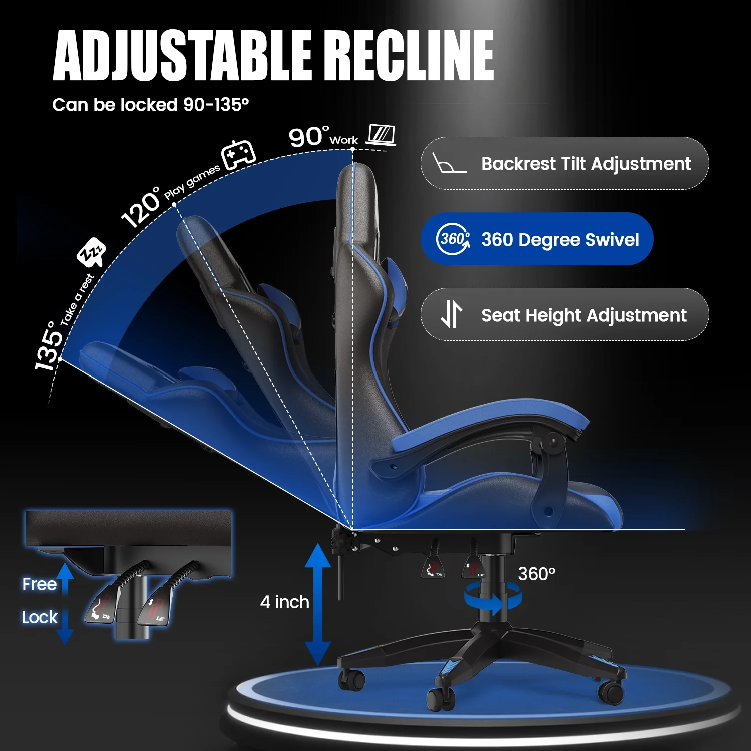 Bigzzia Gaming Chair Office Chair, Ergonomic Game Chair with Height Adjustable Headrest and Lumbar Support for Adults Teens, Black & White - Image 74