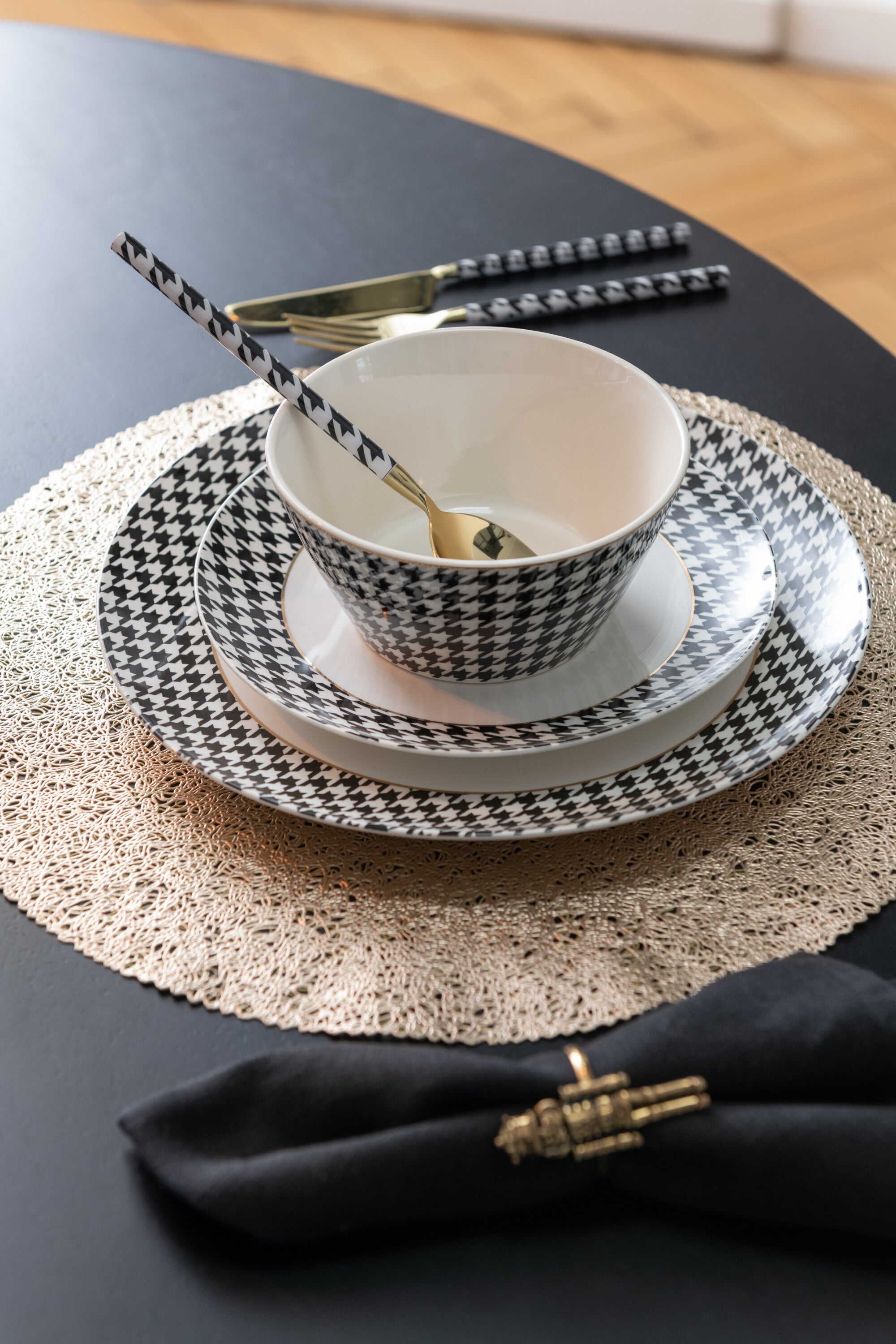 J-Line schaal Pied-De-Poule - porselein - wit zwart - doos v