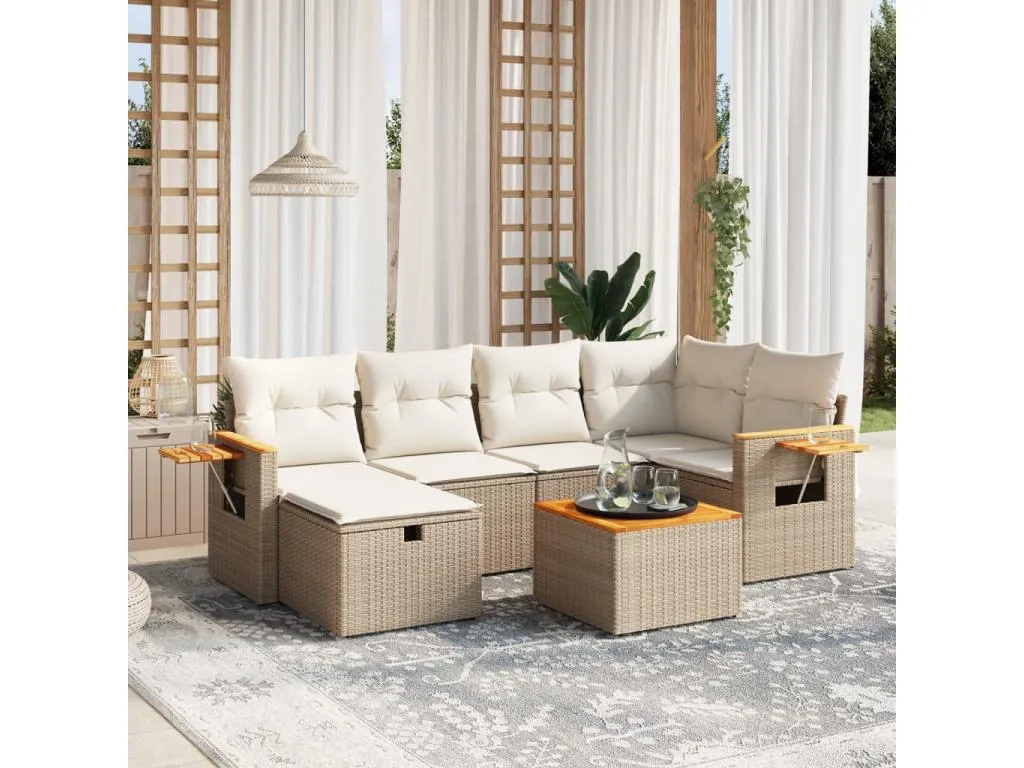 Set sofás de jardín 7 piezas y cojines ratán sintético beige 48277MRAL