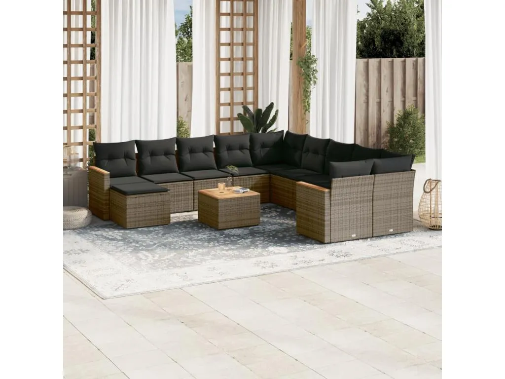Set de sofás de jardín 12 pzas con cojines ratán sintético gris