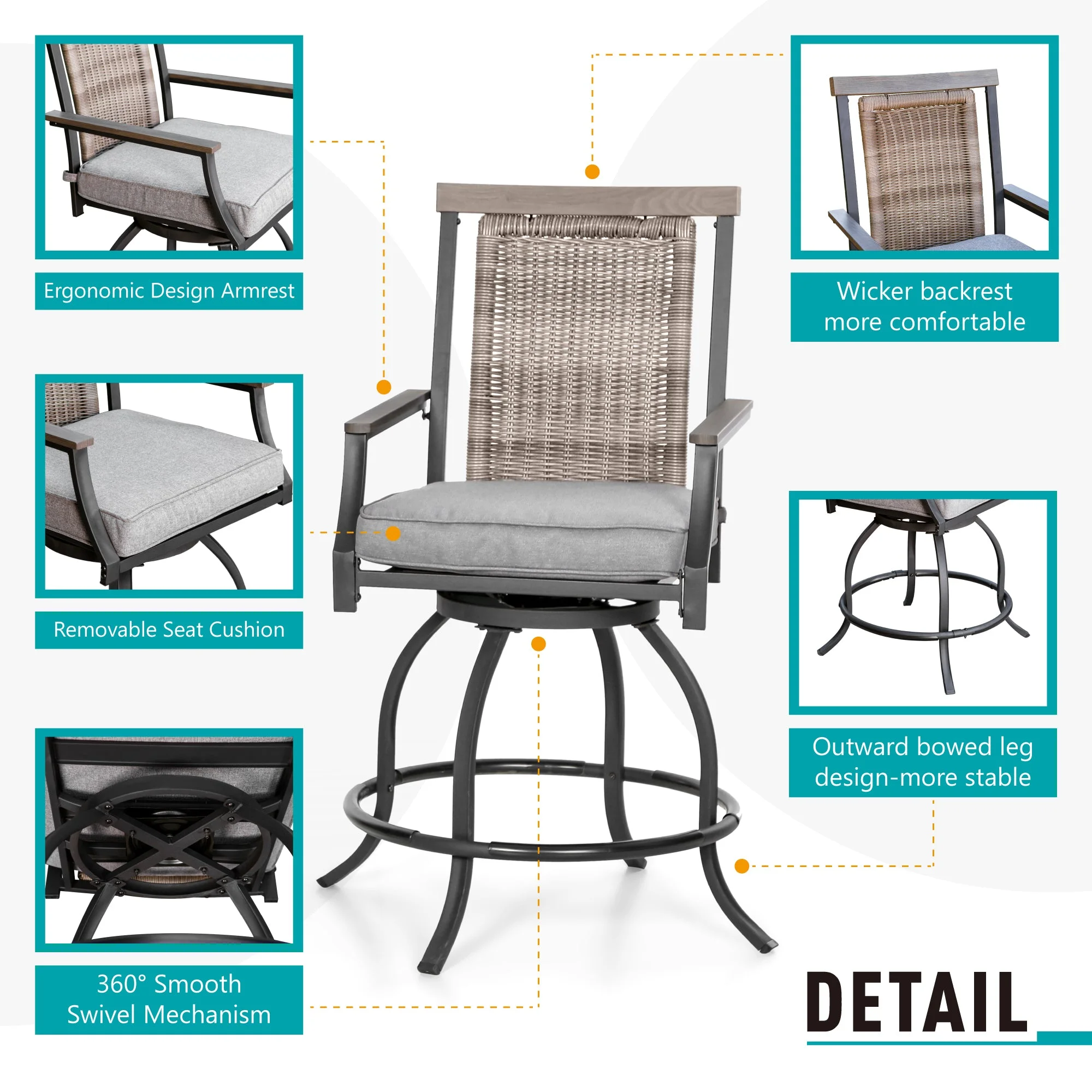 Sophia & William 3 Pieces Patio Outdoor Bar Stools Bistro Set Rattan Wicker Chairs & Square Metal Table Furniture Set - Image 5