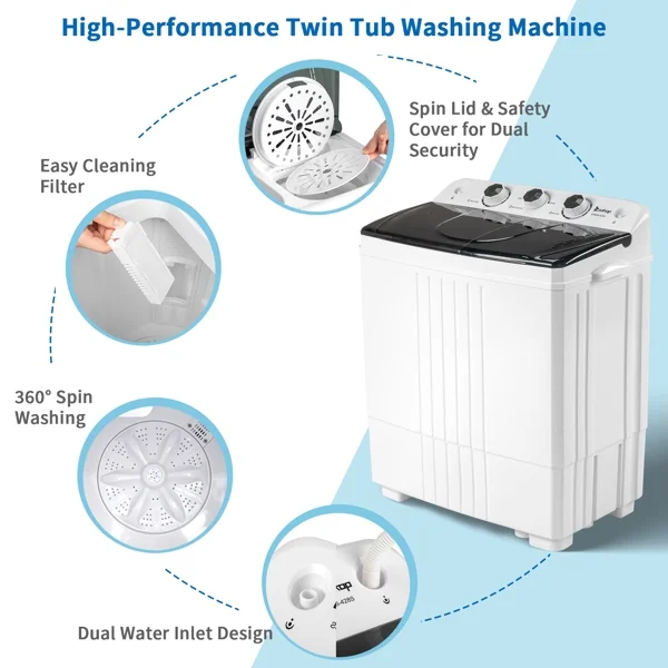 20Lb Twin Tub Washing Machine w/ Built-In Pump - Semi-Automatic 1300RPM Compact Washer for Apartment, Dorm, RV, Camping, White/Black - Image 4