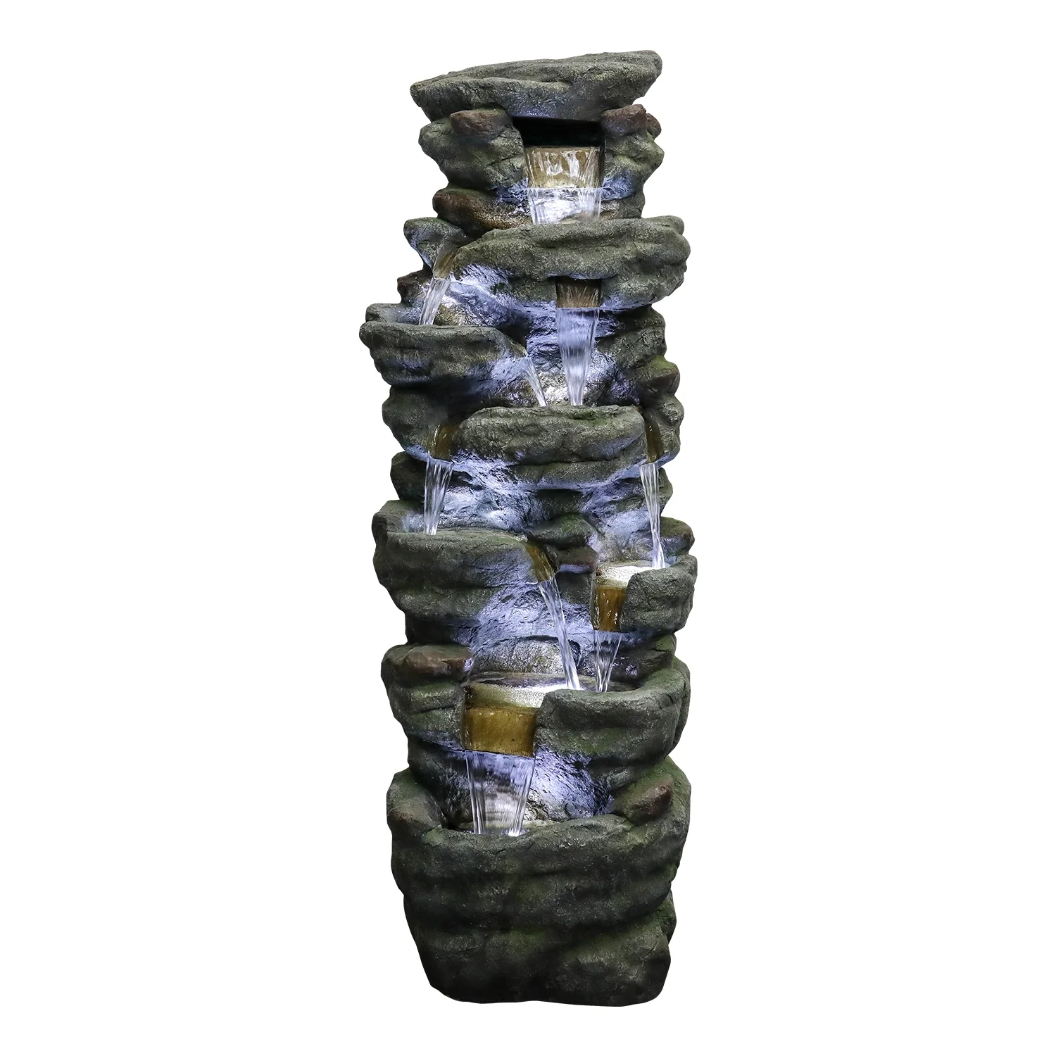 51" H Outdoor Water Fountain - 7-Tiers Rock Waterfall Fountain with LED Lights for Home Garden Decor - Image 5