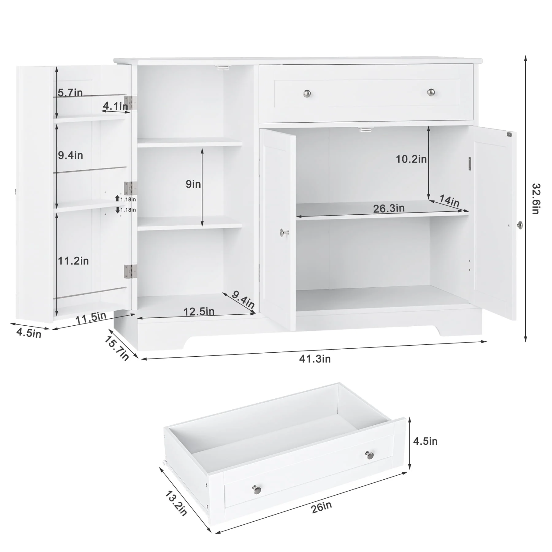 Homfa 41'' Kitchen Storage Cabinet, Pantry Cabinet with Drawers and Adjustable Shelf, Buffet Cabinet Sideboard for Dinning Room, White - Image 2