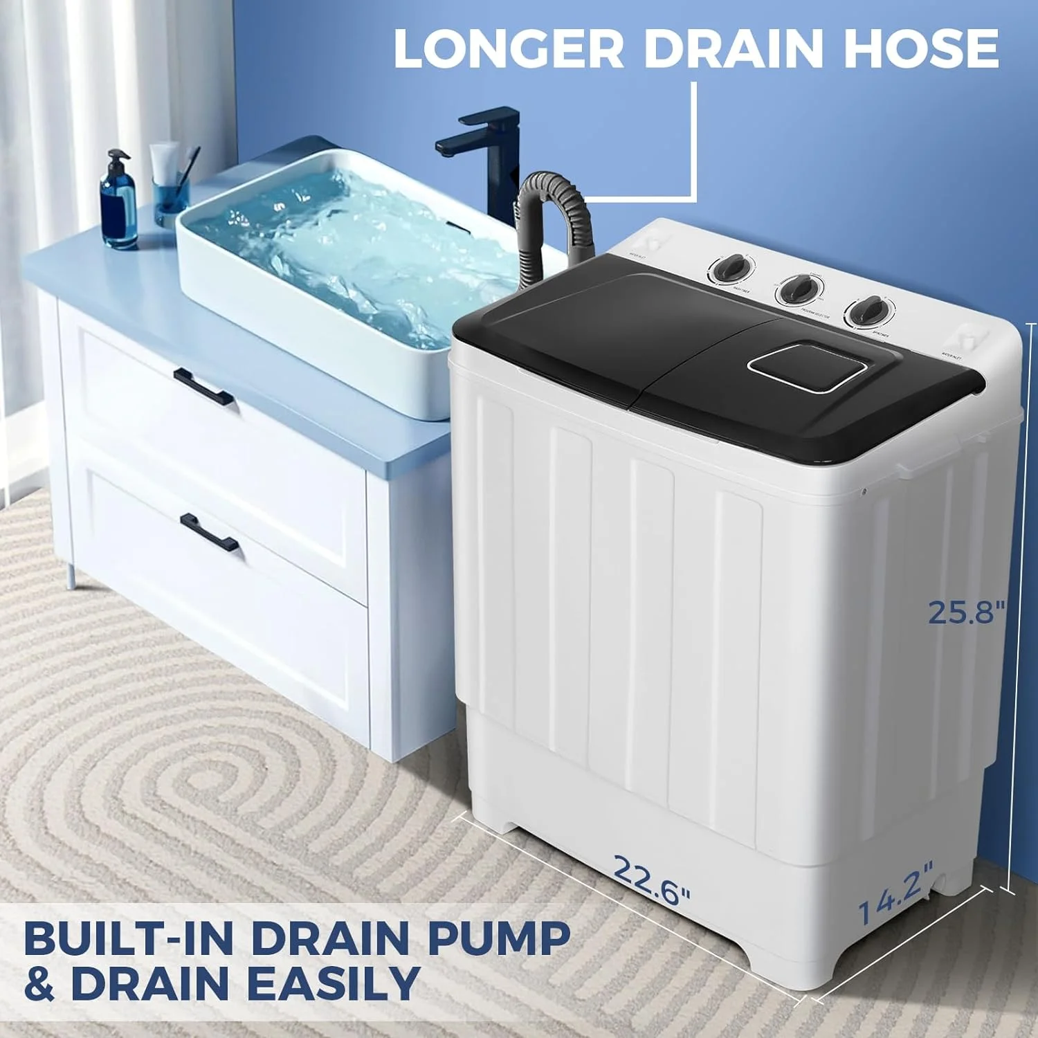 Qhomic Portable Washer 30lbs, 2-in-1 Twin Tub Washer & Dryer Combo Compact Semi-Automatic Washing Machine with Drain Pump, Black - Image 6