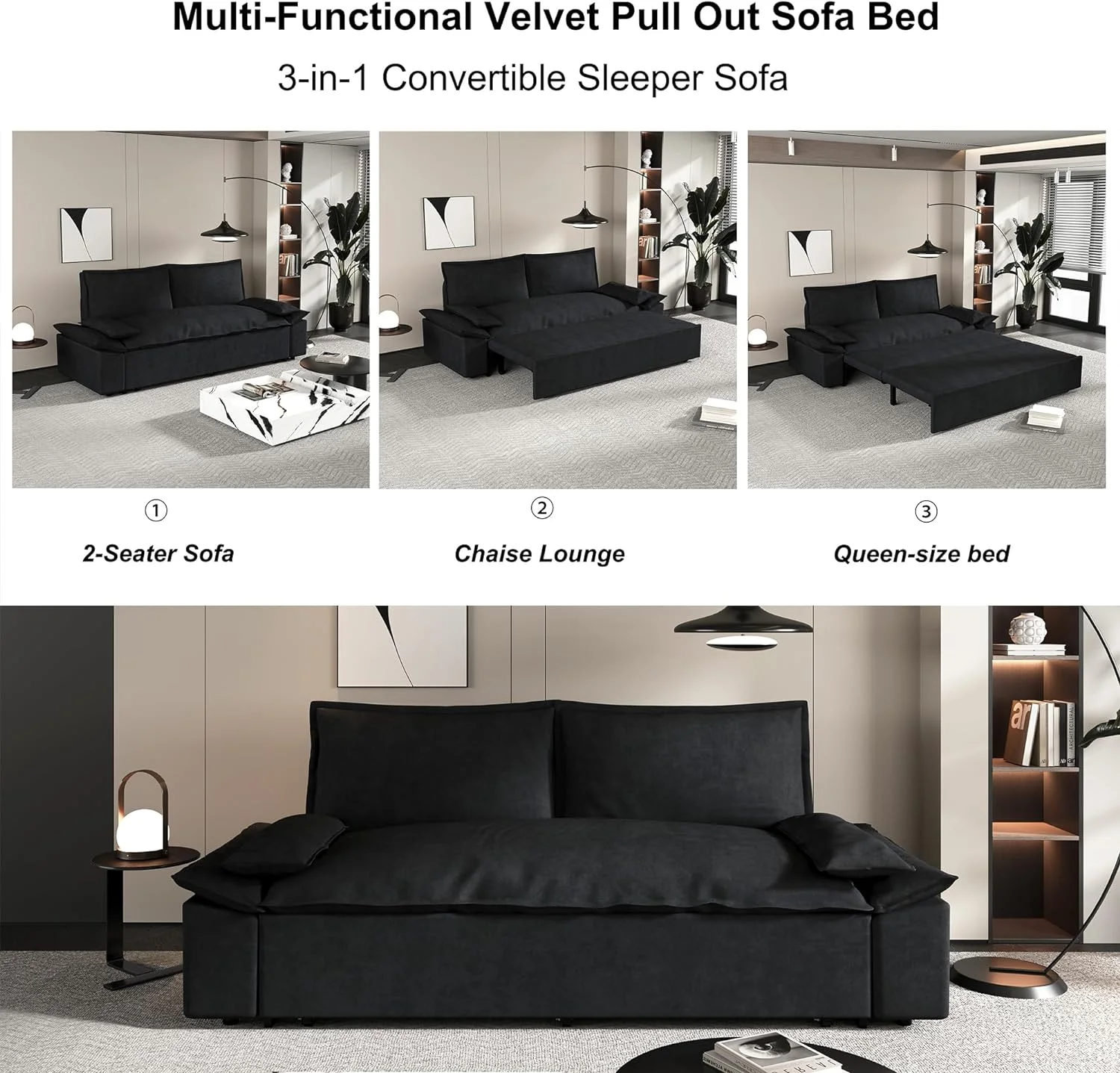 Tabaray 63.8" Futon Sofa Bed Queen Size, Pull Out Bed, 3-in-1 Convertible Sleeper Sofa with Side Pocket, Modern Plush Velvet Futon Couch for Living Room, Small Space, Apartment, Bedroom, Black - Image 49