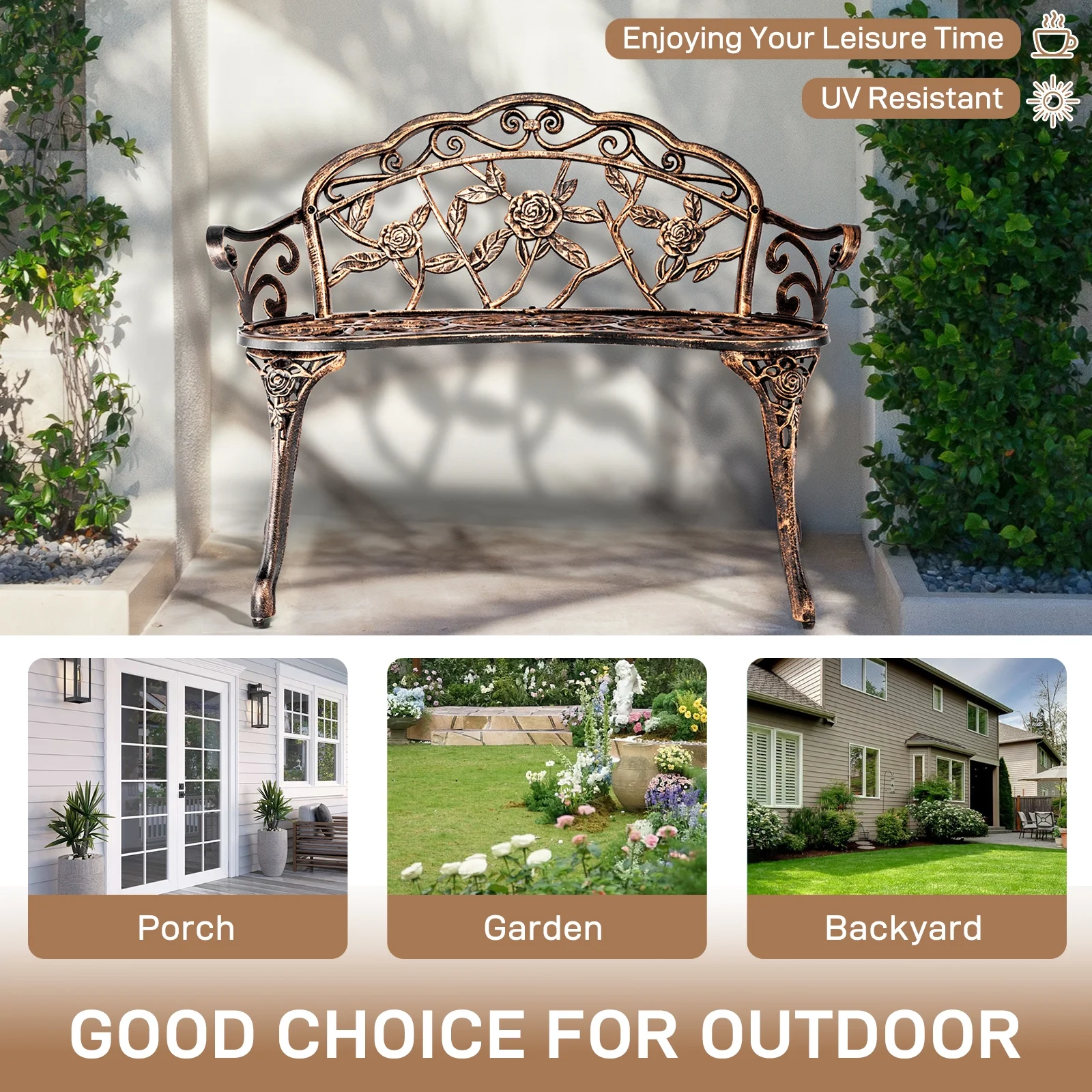 Ktaxon Outdoor Patio Park Garden Bench Courtyard Leisure Rose Cast Aluminum, Outdoor Loveset, Bronze - Image 8