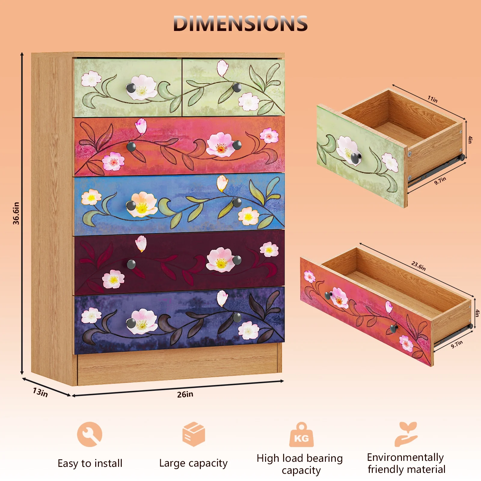 Ktaxon Wood 6-Drawer Dresser Organizer for Bedroom Storage Tower for Entryway Hallway Closet, Tall Chest Organizer Unit with Wood Bins, Floral Painted Wooden - Image 5