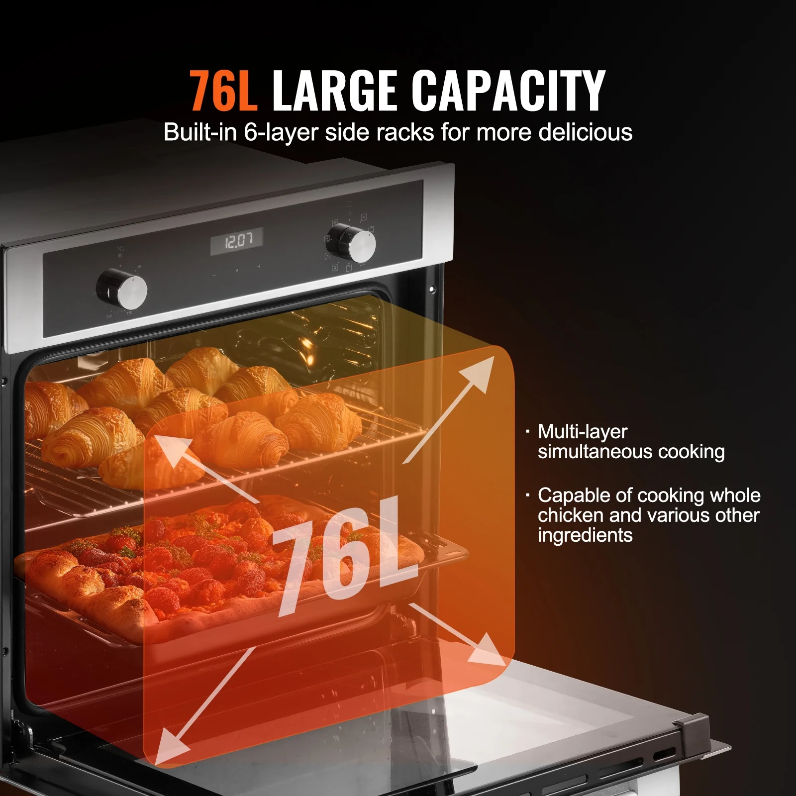 KFFKFF Single Wall Oven, 24" Electric Oven for Built-in Installation, Offers 9 Cooking Modes, 2.68 Cu.Ft Capacity, Includes Timer, 2800W Power - Image 4