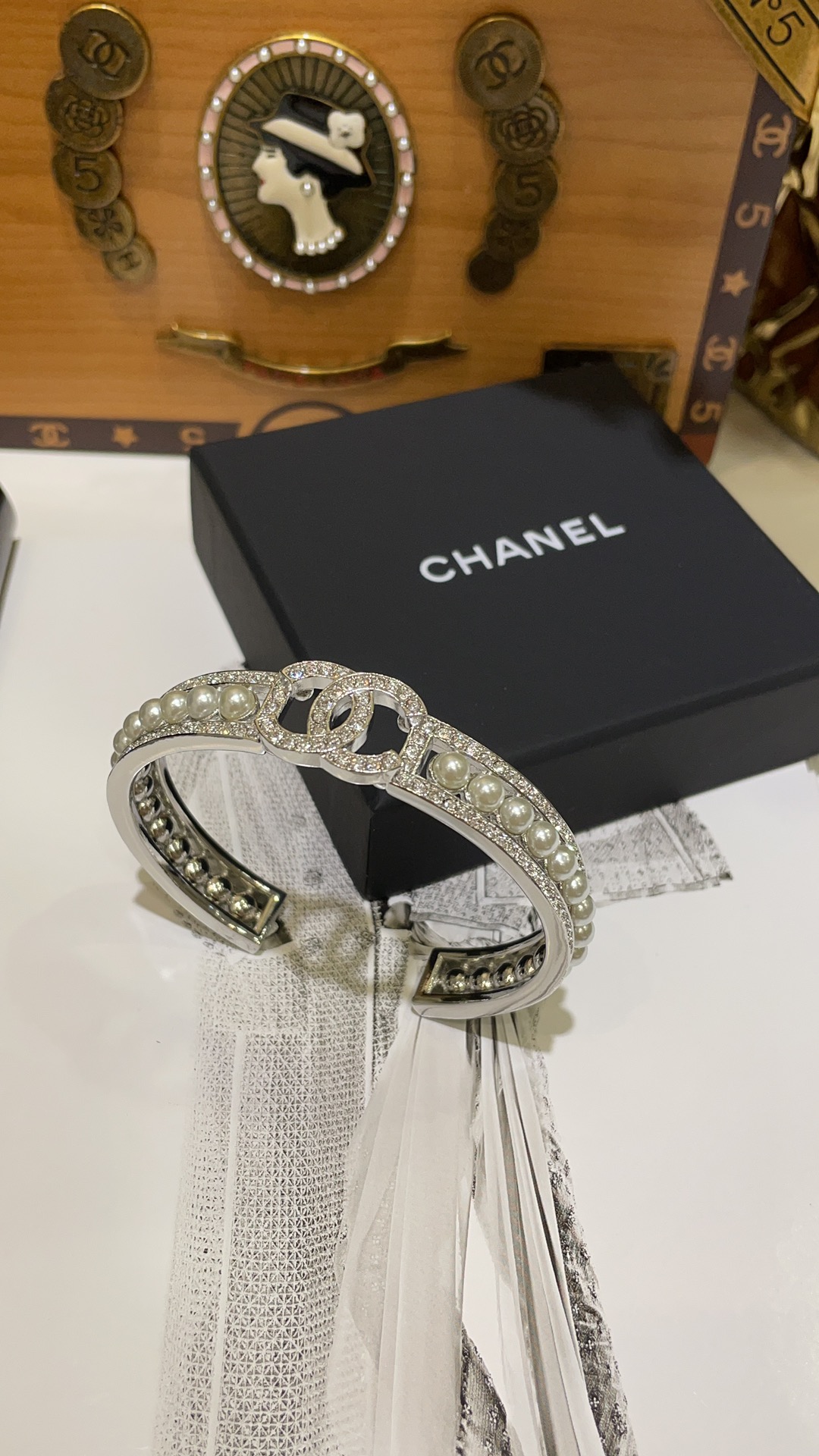 Chanel 24S CC Pearls Silver Cuff Bangle Bracelet - Original Replica Club