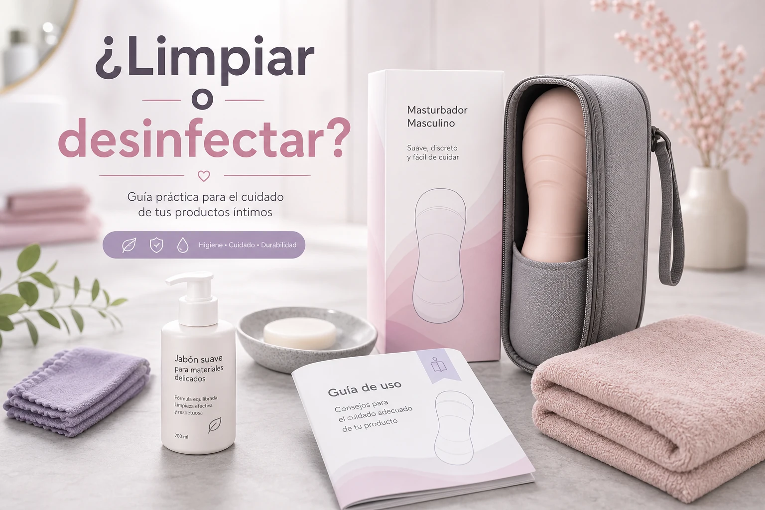 Productos de limpieza suaves junto a un masturbador masculino guardado por separado