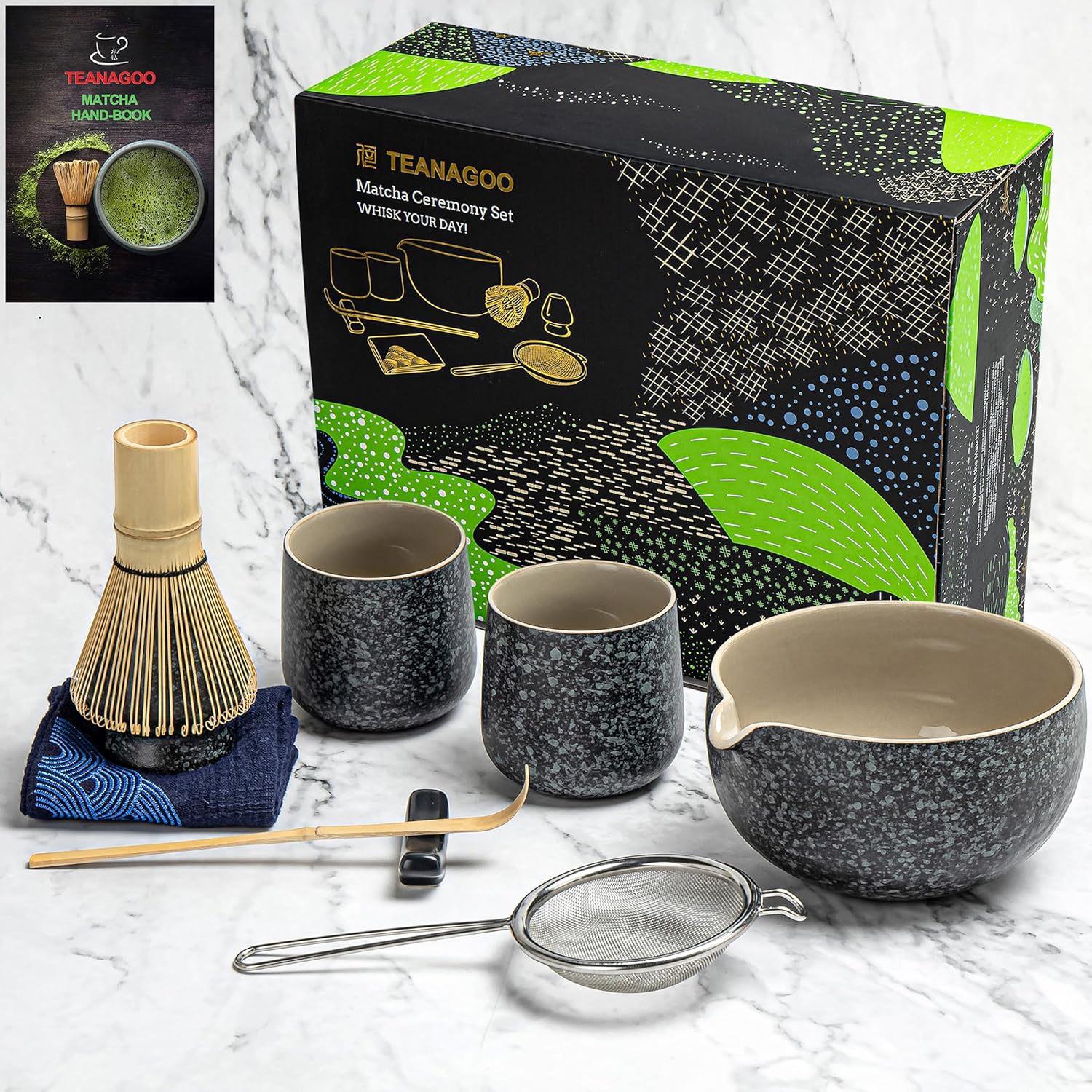 TEANAGOO Matcha Whisk Set Black,7 Pcs Matcha Set,Matcha Kit for Ceremony,Tradition Tea Set for Making Breakfast/Latte,Matcha Whisk Set with Bowl(Chawan)/Whisk and Holder,Gift for Family/Friend