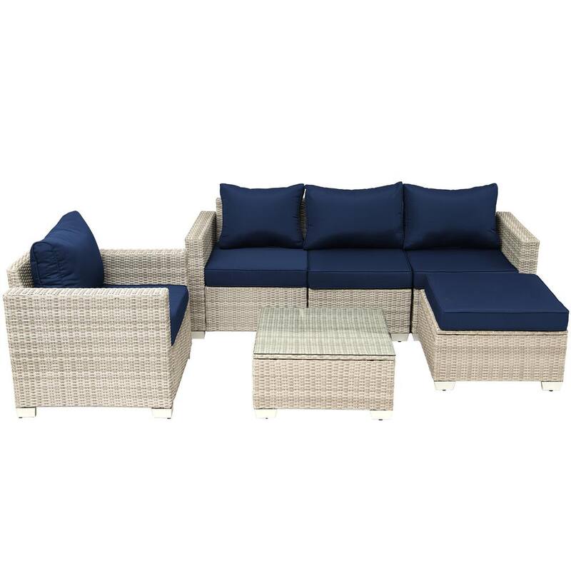 Set Seccional de Sofá para Patio Exterior de 6 Piezas con Marco Blanco de Mimbre y Cojines Azul Oscuro nz4178330