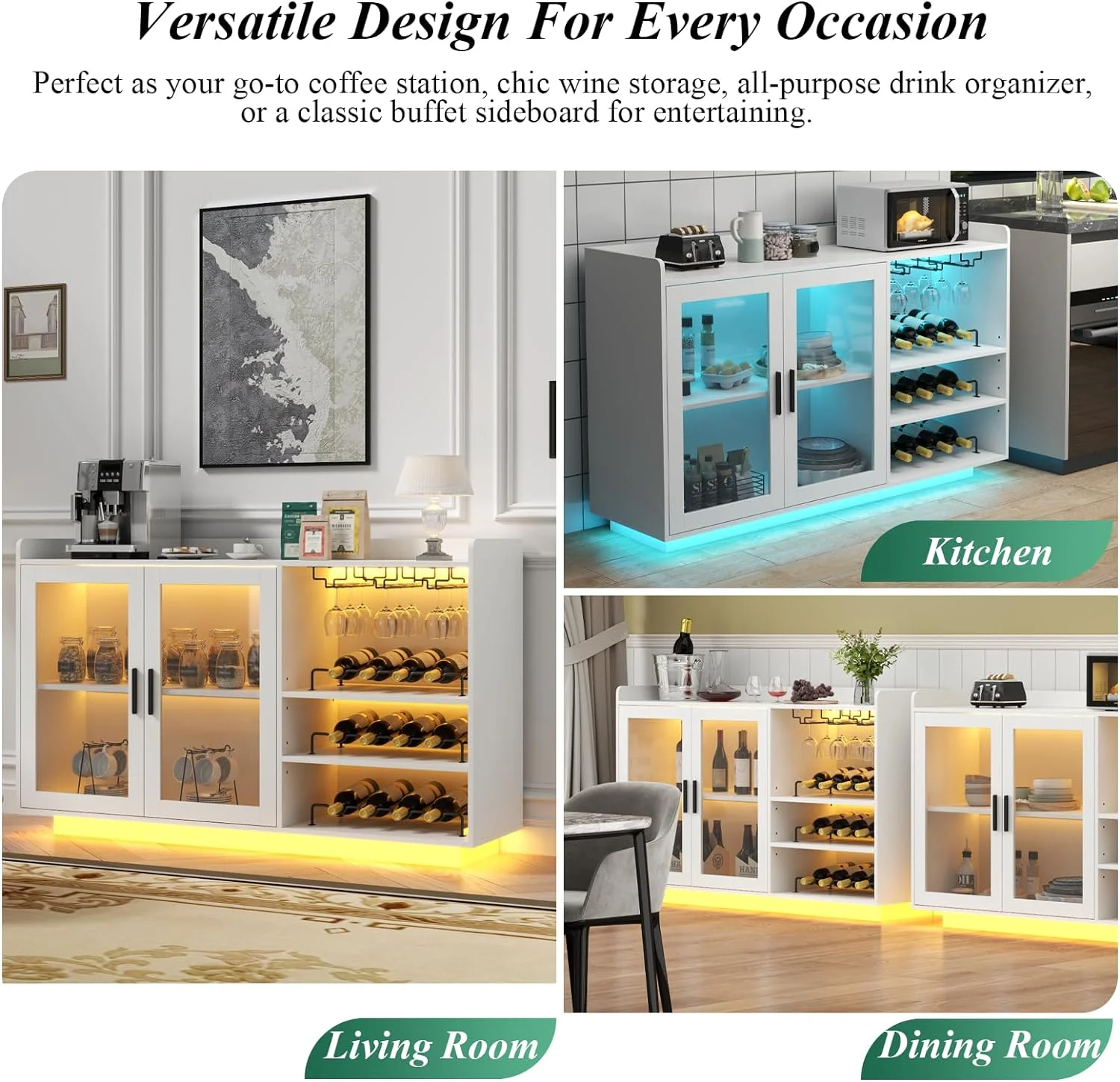 Wine Bar Cabinet with LED Lights, Floating Coffee Bar with Glass Rack and Removable Wine Racks, Modern Buffet Sideboard with Storage Shelves, Kithchen Bar with Glass Cabinet Doors - Image 12