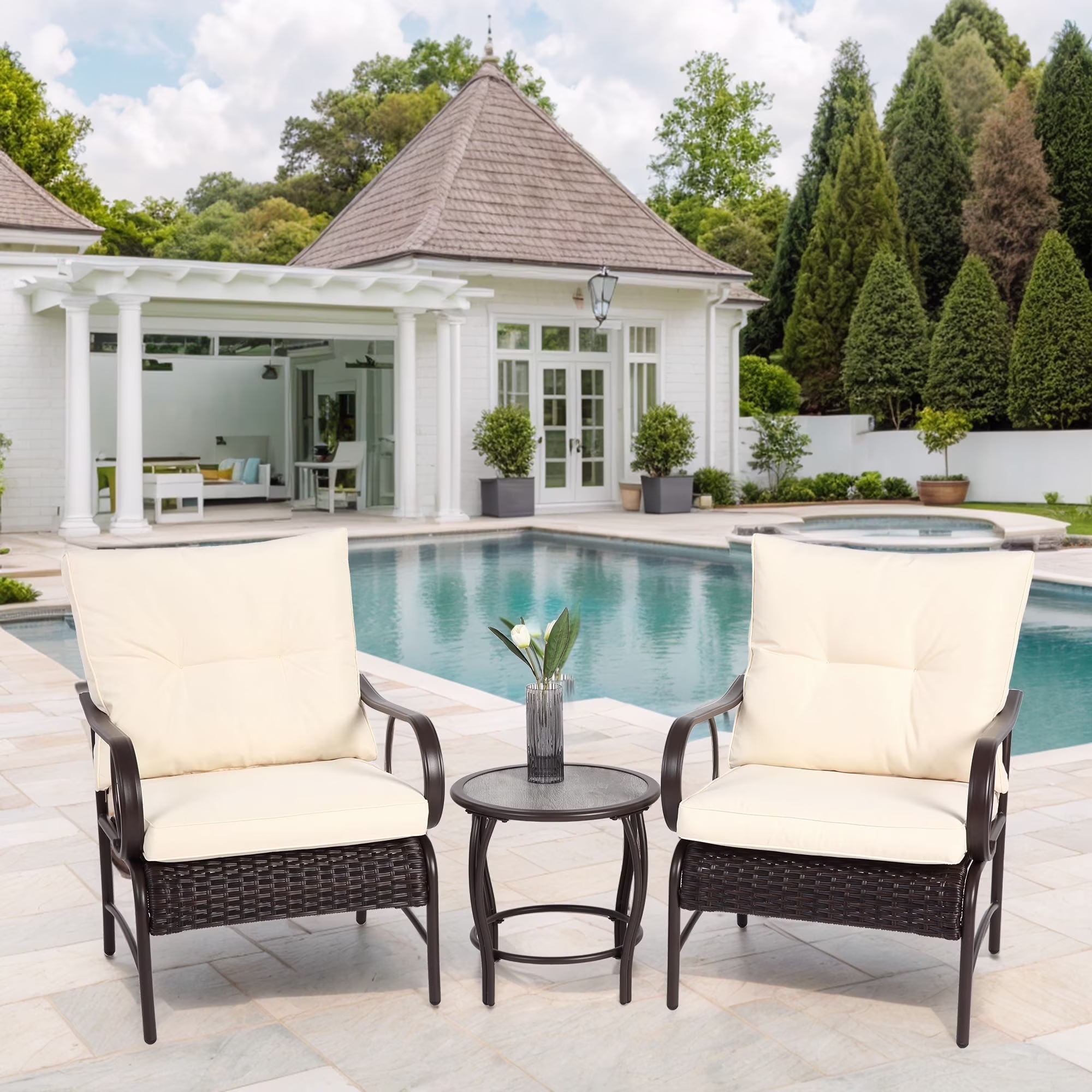 Villeston 3 Piece Outdoor Wicker Conversation Patio Set, with 2 Chairs, Table for Porch Garden,Blue - Image 5