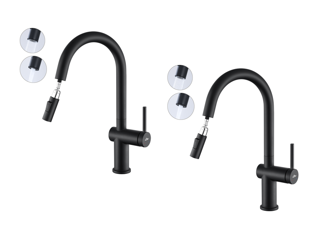 2PCS AURALUMMAX Mezclador Cocina Ducha Extractible,Grifo de fregadero con 2 funciones,Grifo cocina negro giratorio de 360°,Mestidor fregadero moderno