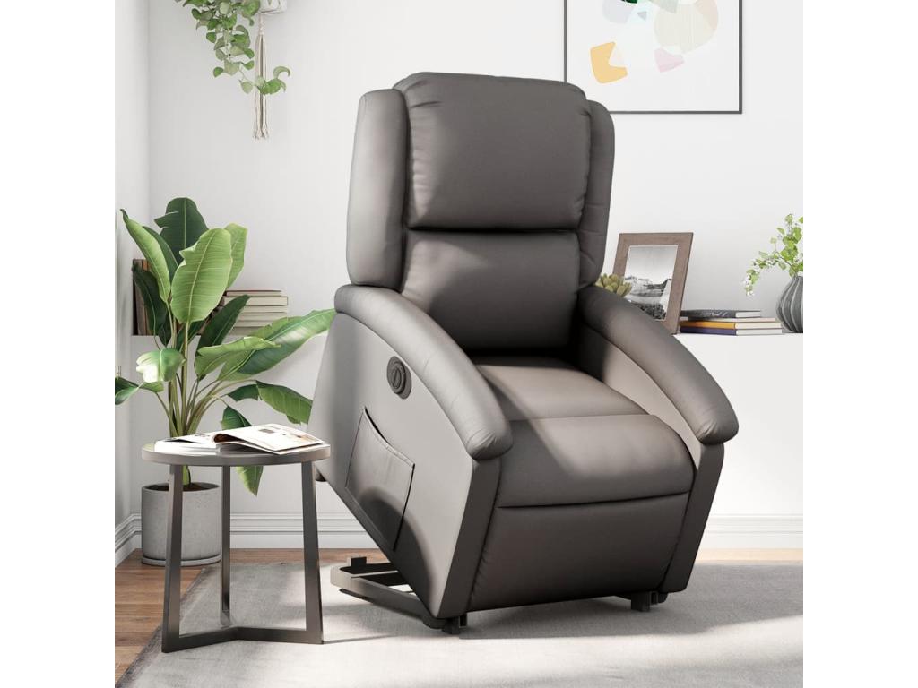 Sillón reclinable eléctrico elevable cuero auténtico gris