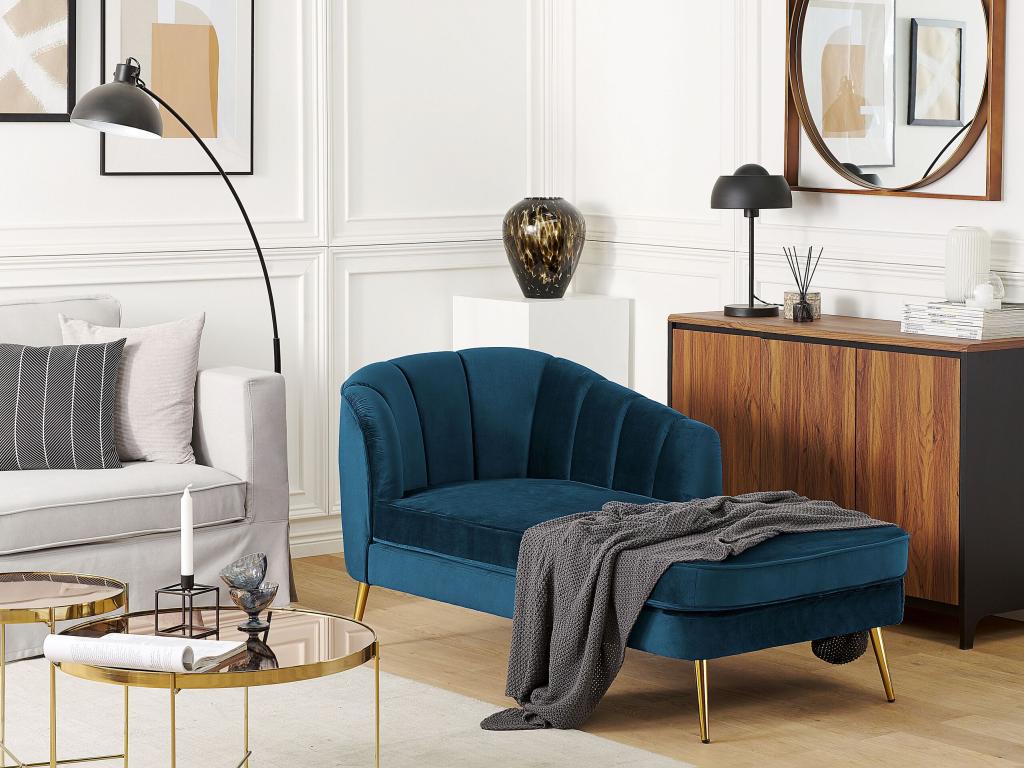 Chaise longue de terciopelo azul marino/dorado izquierdo ALLIER