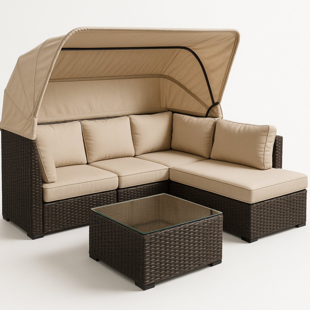 Sofá Modular Esquinero Marrón/Beige con Toldo y Mesa de Vidrio