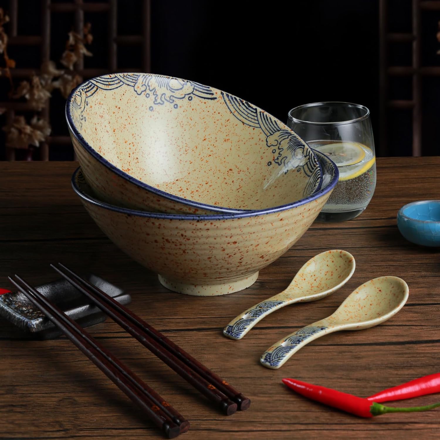Ceramic Ramen Bowl Set of 2, 40oz Japanese Noodle Bowls with Spoons & Chopsticks Porcelain Large Soup Bowl for Pho, Udon, Retro Style Tableware Microwave & Dishwasher Safe, Fish