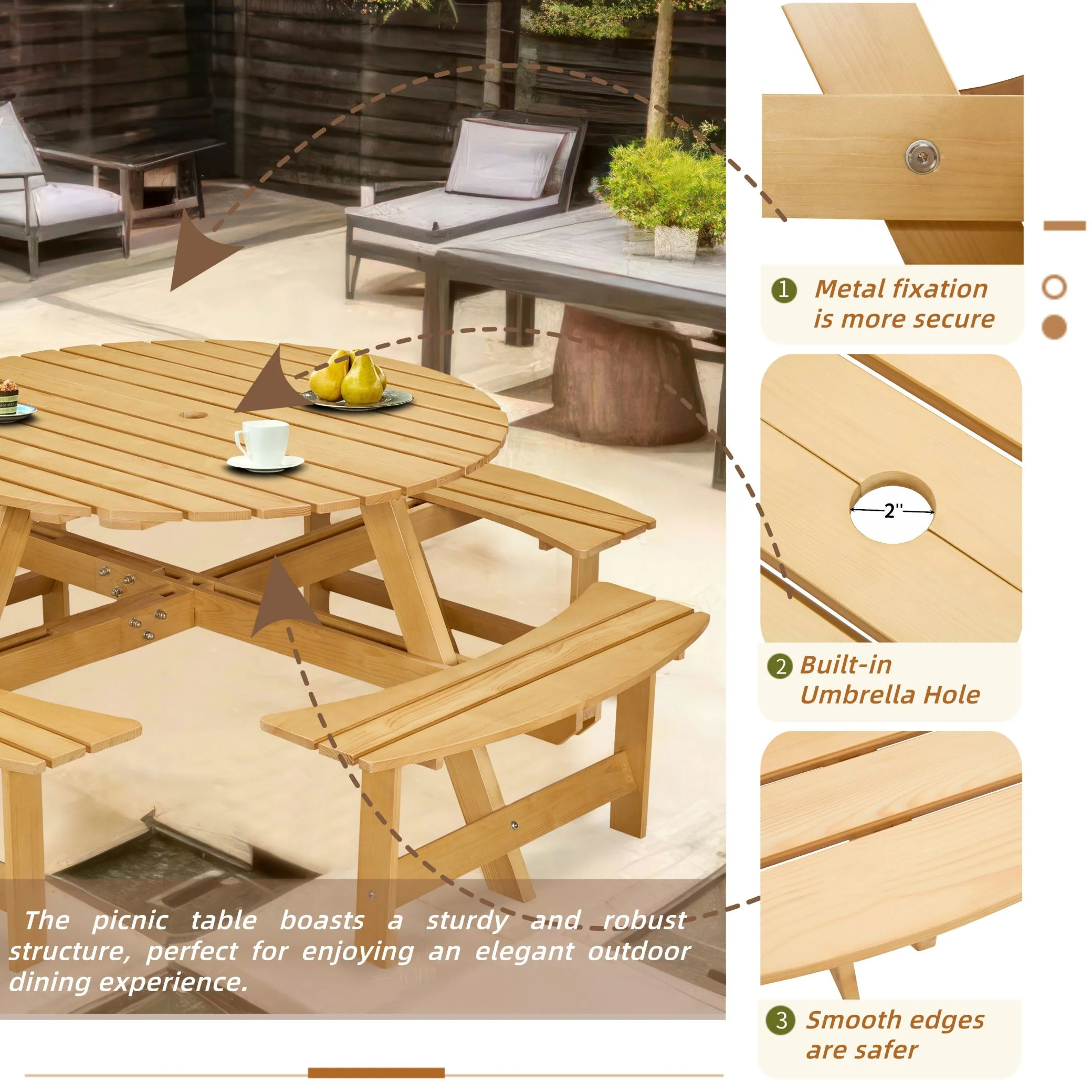 8 Person Wood Picnic Table, Outdoor Round Picnic Table with 4 Built-in Benches, Umbrella Hole, Outside Table and Bench Set for Patio, Backyard, 500lbs Capacity Per Bench - Image 4