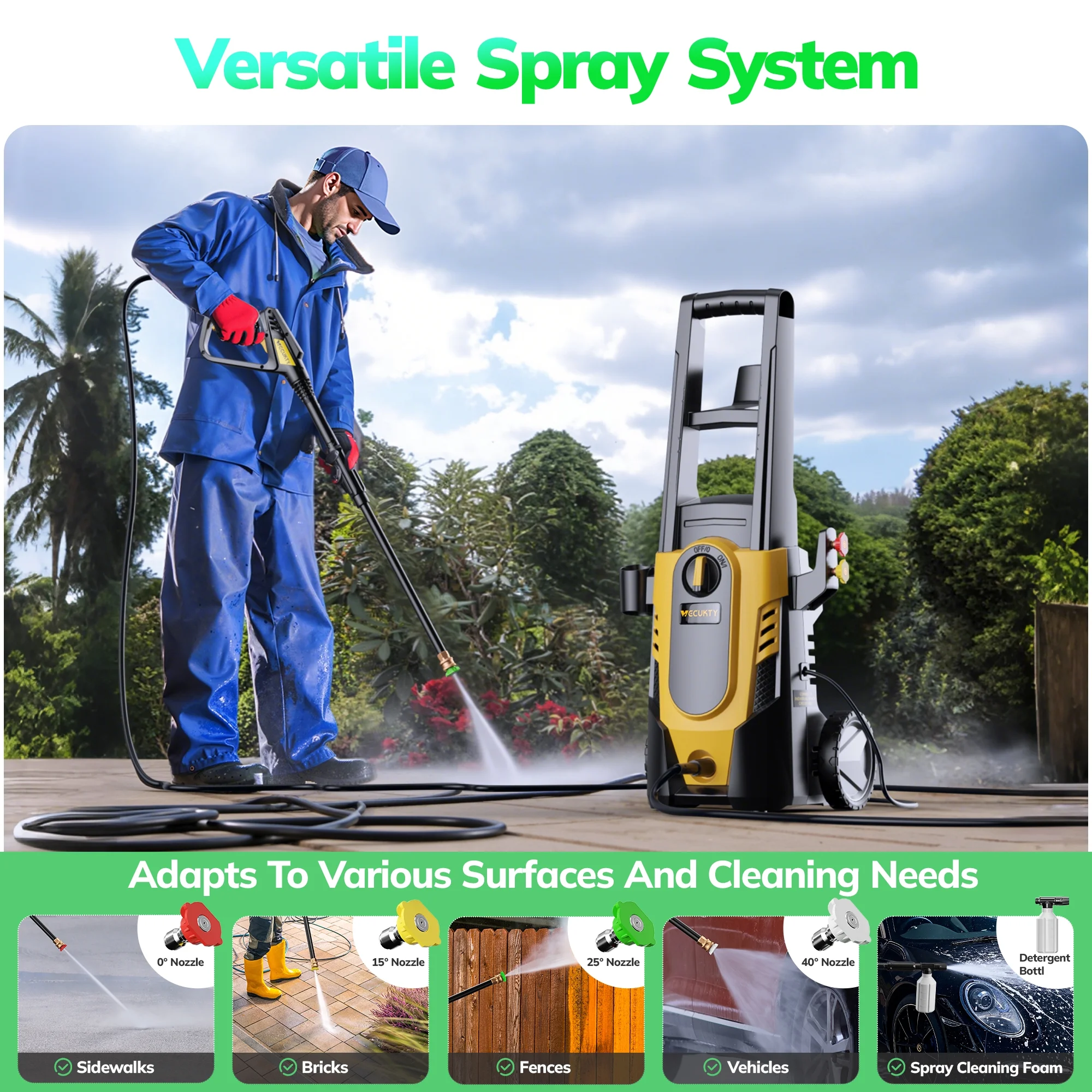 VECUKTY Electric Pressure Washer,3700 PSI Max 2.5 GPM Power Washer with 35FT Cord,20FT Hose,4 Quick Nozzles,Foam Cannon for Car Garden Patio - Image 3