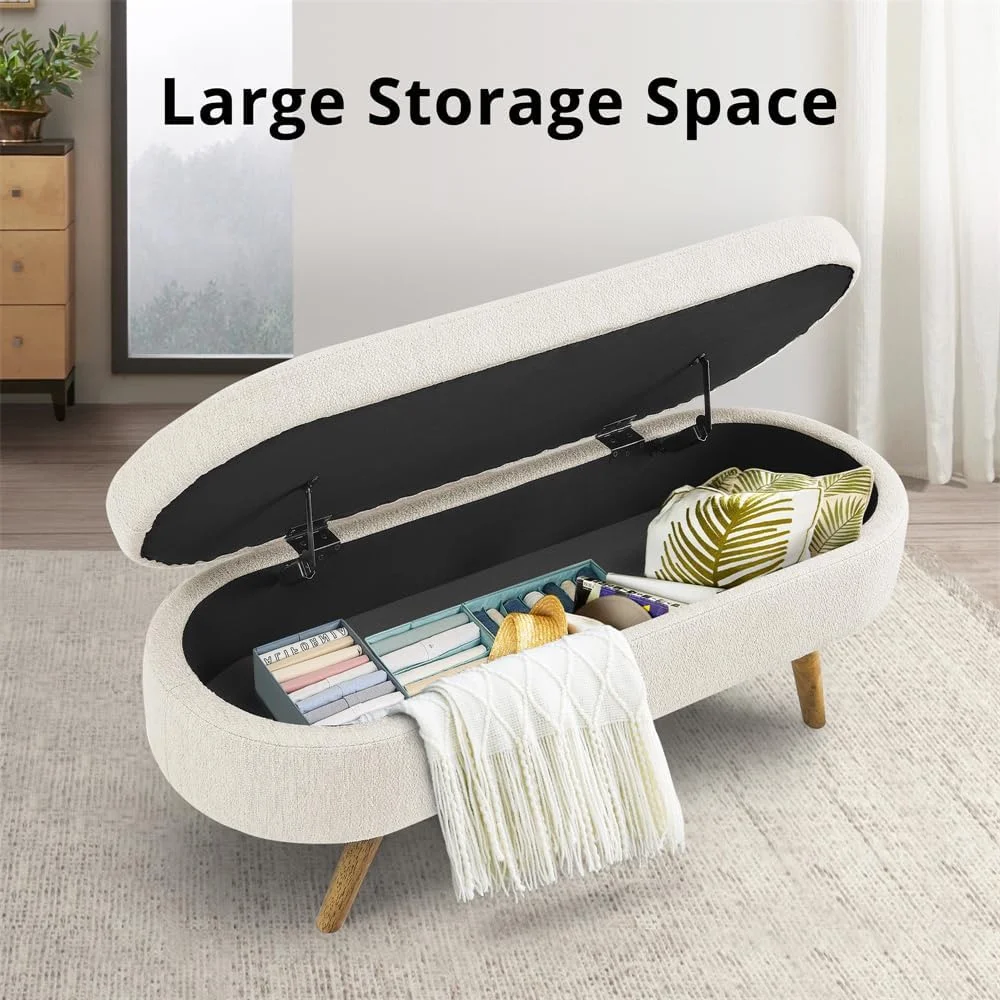 Sumdeal 43.5" Storage Ottoman Bench with 250lb Seating, Linen Upholstered Wood Legs Safety Hinge Flip Top Oval Foot Rest Long Stool for Sofa Couch Bedroom End of Bed Living Room Entryway, White - Image 21