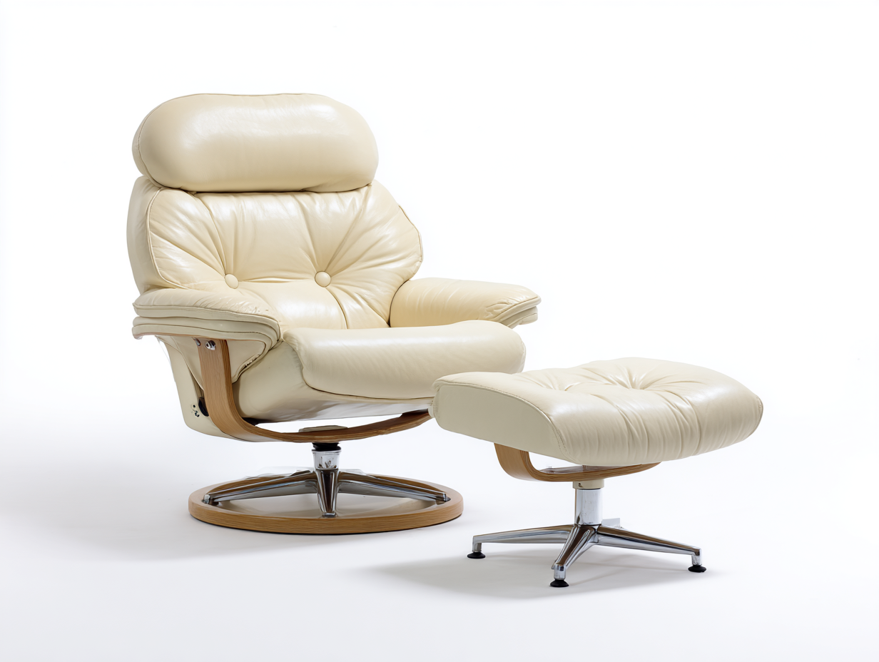 Sillón reclinable tapizado en cuero crema 78×80×105 cm – base giratoria de madera y metal – con reposapiés acolchado
