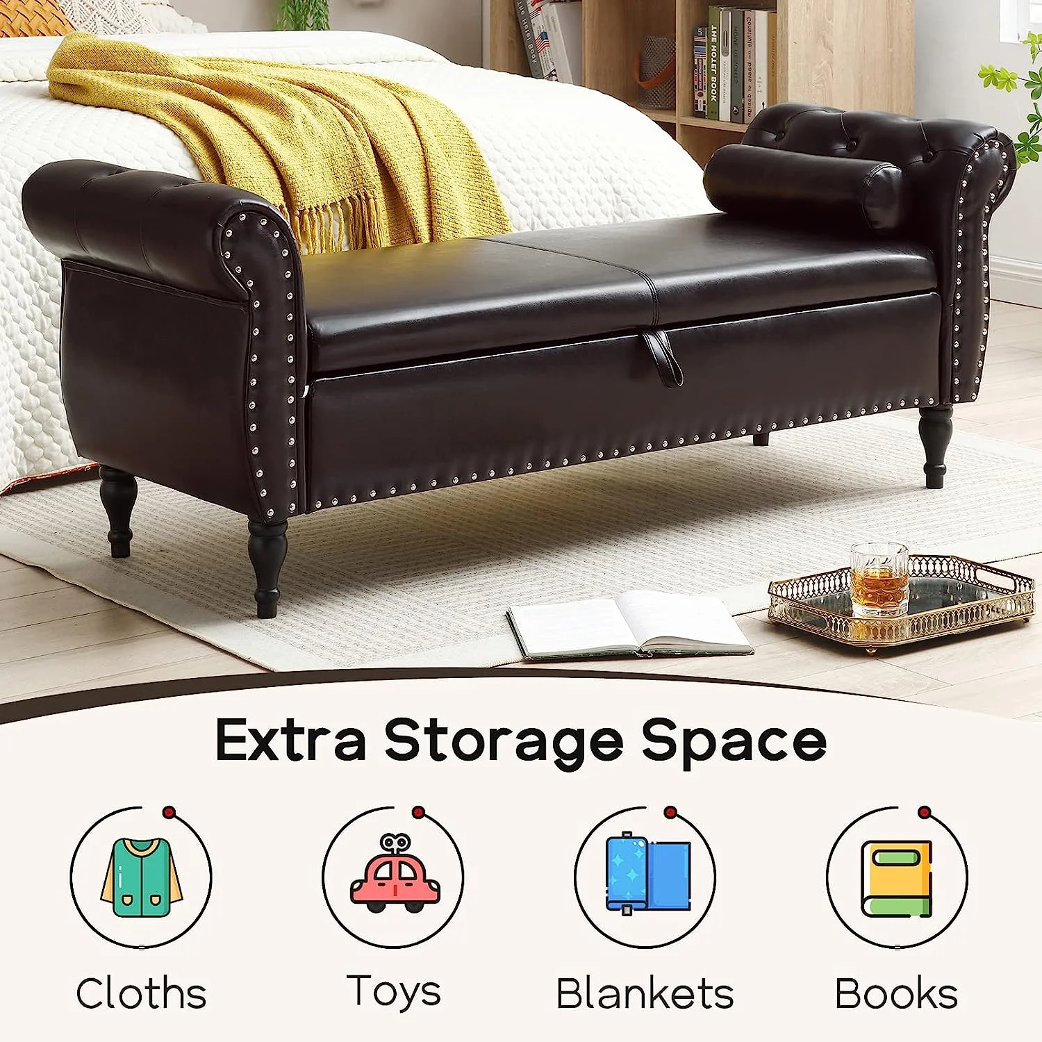 Sumdeal 43.5" Storage Ottoman Bench with 250lb Seating, Linen Upholstered Wood Legs Safety Hinge Flip Top Oval Foot Rest Long Stool for Sofa Couch Bedroom End of Bed Living Room Entryway, White - Image 112