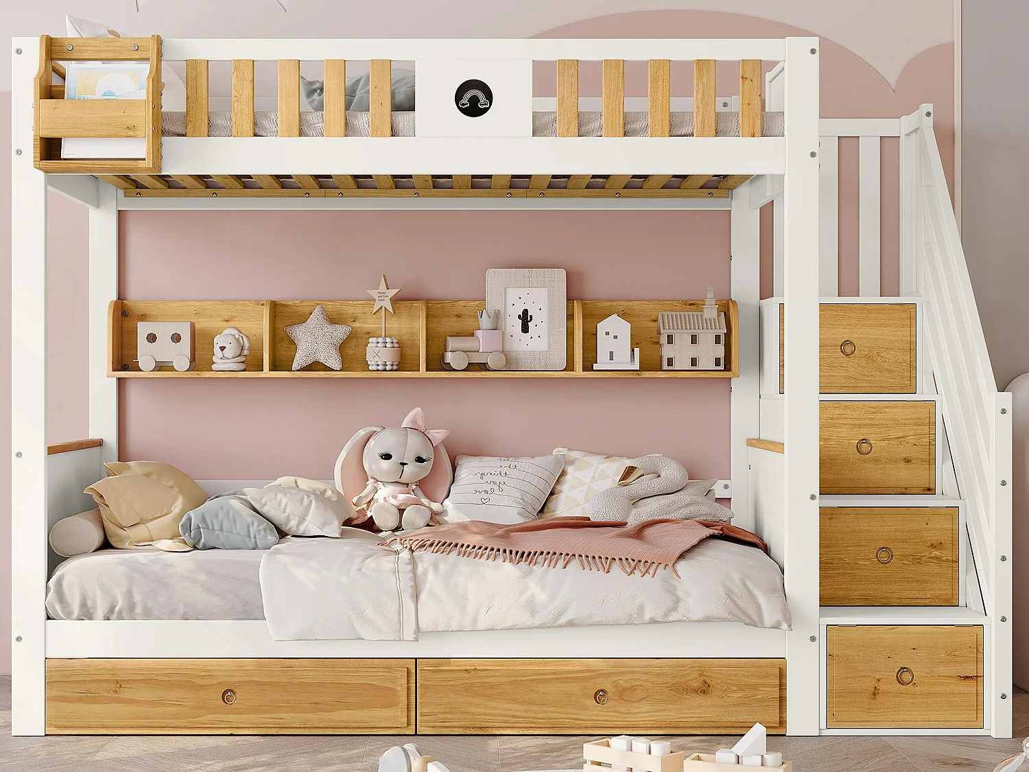 Litera con escalera de almacenamiento - 90x200 cm - 4 taquillas en la escalera y 2 cajones debajo de la cama - con somier - Blanco