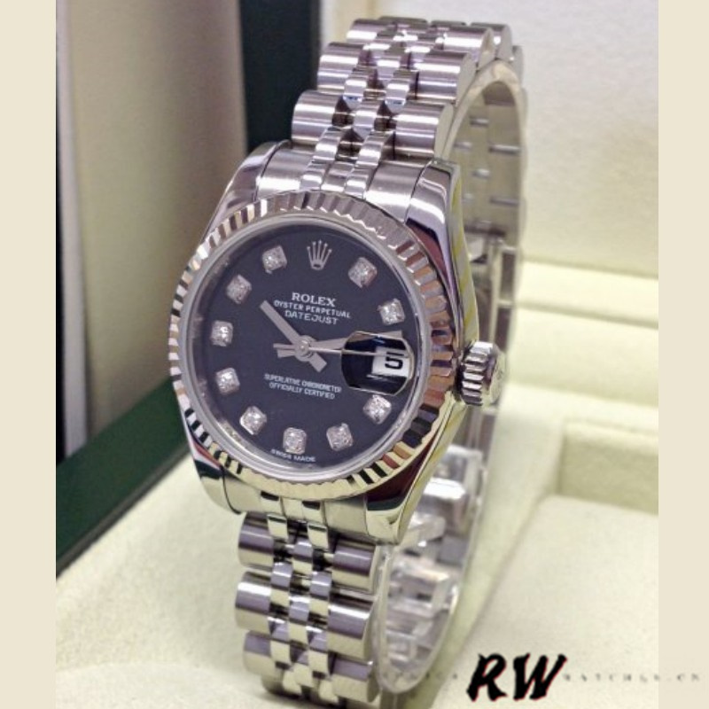 Rolex Datejust 179174 Black Diamond Dial Fluted Bezel 26MM Lady Replica Watch