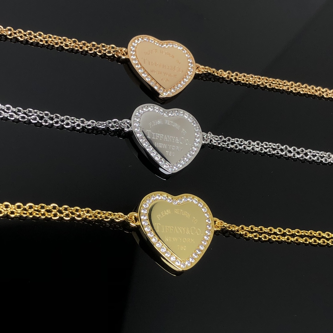 Tiffany Paved Diamond Heart Charm Chain Bracelet - Original Replica Club