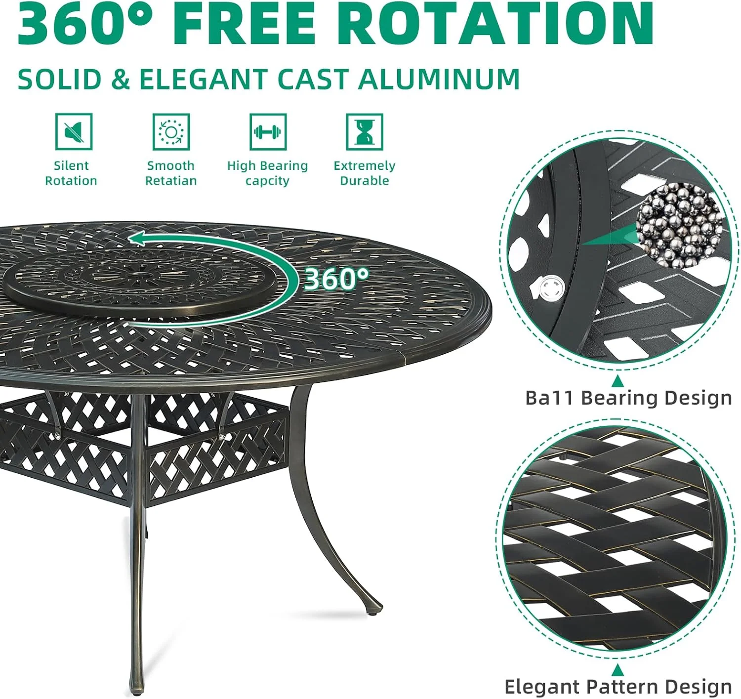 VIVIJASON Outdoor 61" Patio Dining Table for 6-8 Person, Large Patio Round Dining Table with 24" Lazy Susan, Dark Bronze Cast Aluminum Rustic Patio Table W/Umbrella Hole for Balcony, Porch and Deck - Image 17