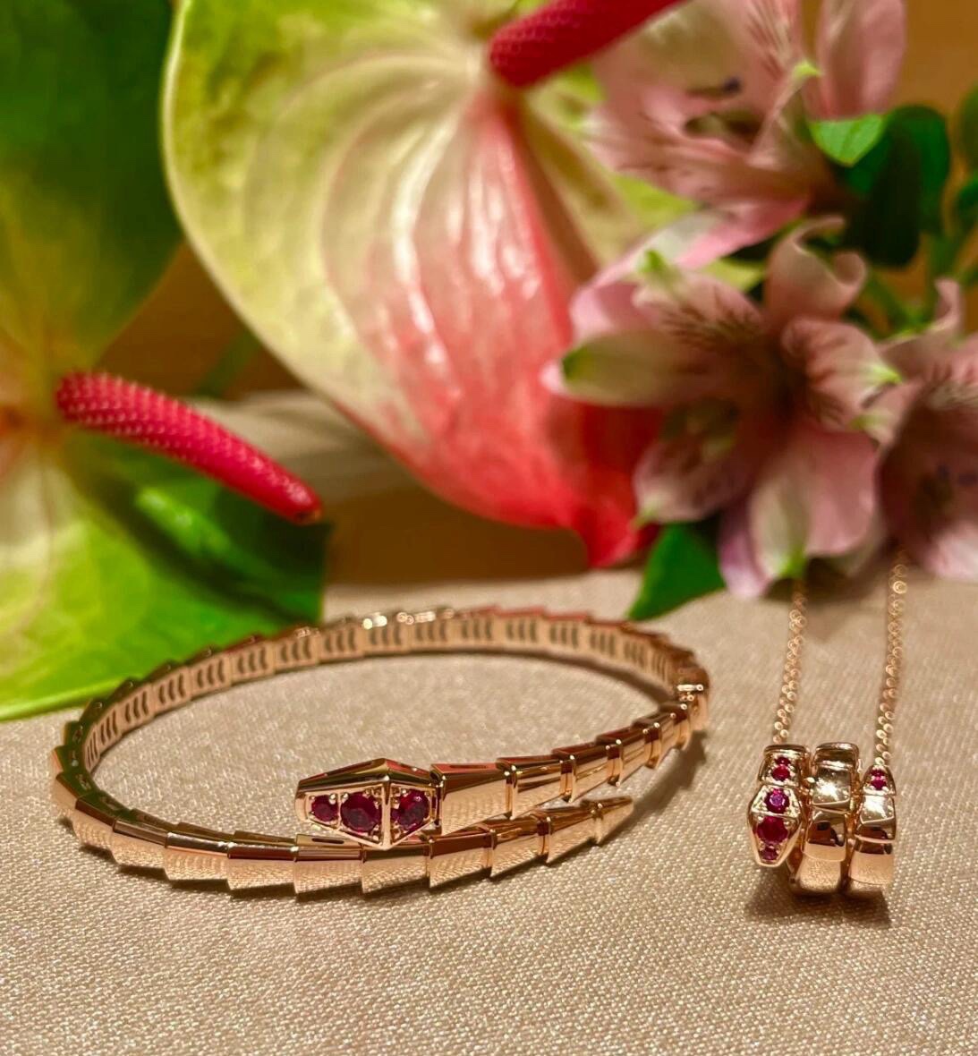 Bvlgari Rose Gold and Red Gem Serpenti Viper Bangle Bracelet - Original Replica Club