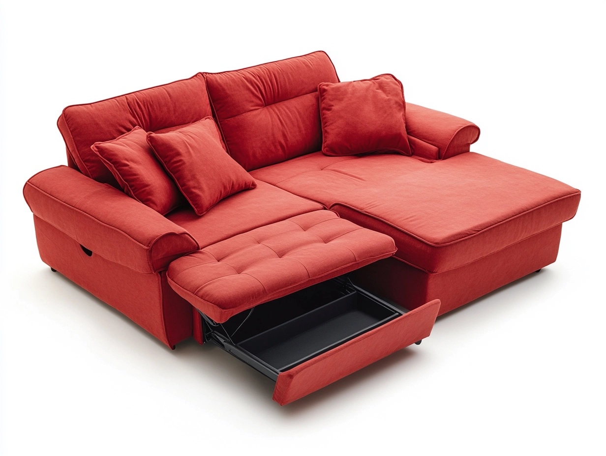 Sofá cama esquinero rojo moderno con almacenamiento y chaise longue para sala de estar tapizado en tela 260x160cm PF9131711